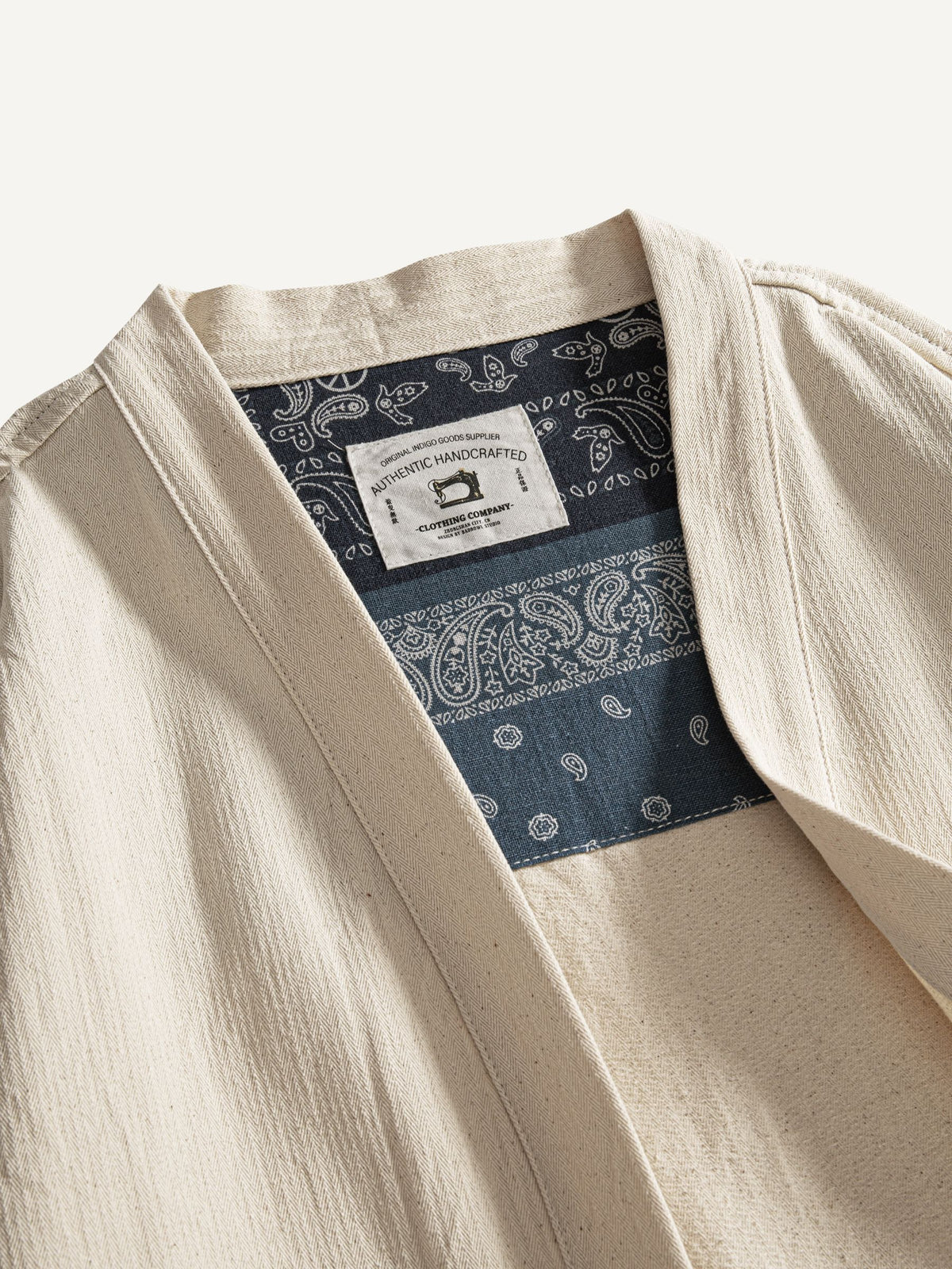 Close-up of kimono collar and neckline featuring interior indigo bandana accent patch