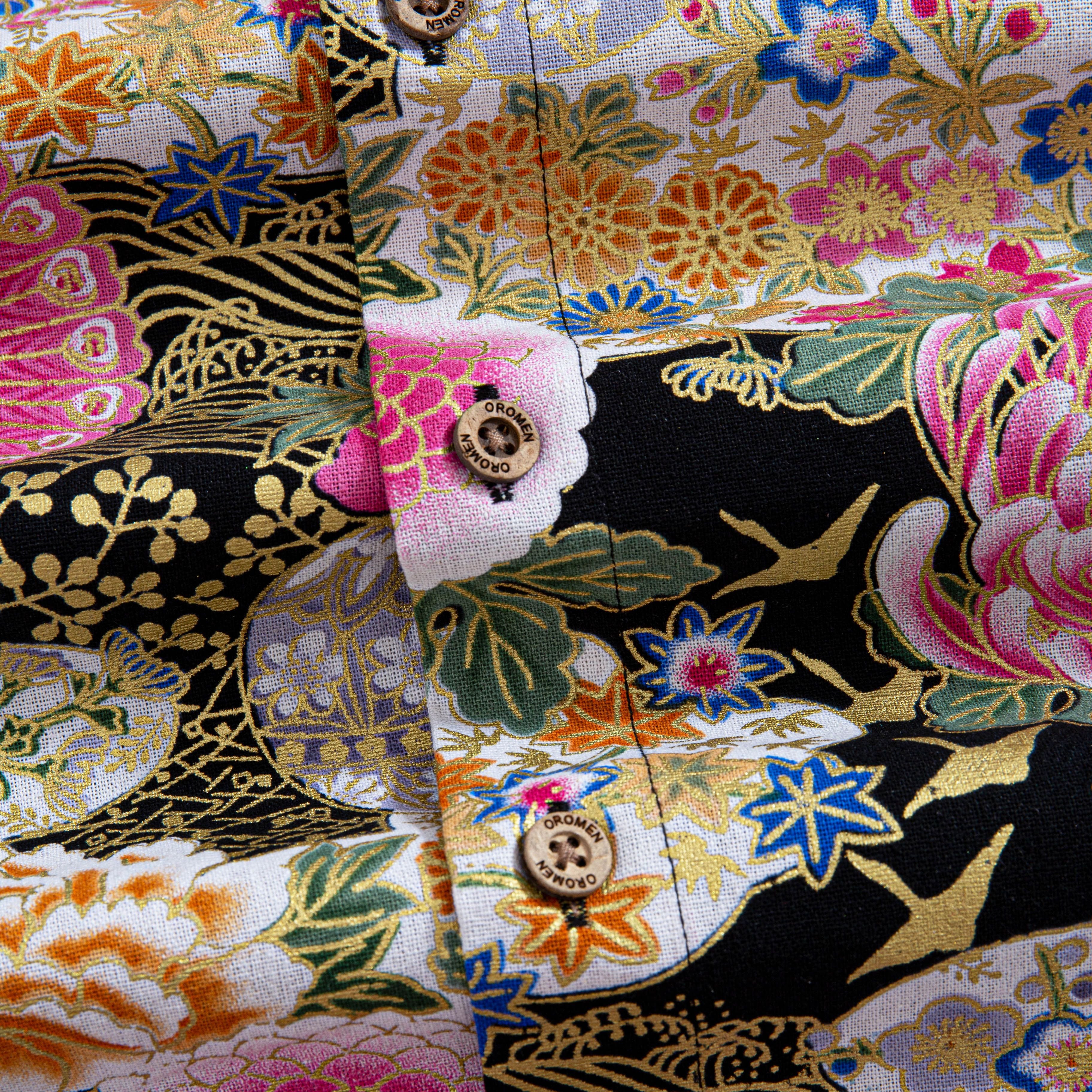 Close-up of peony and chrysanthemum ukiyo-e print on cotton