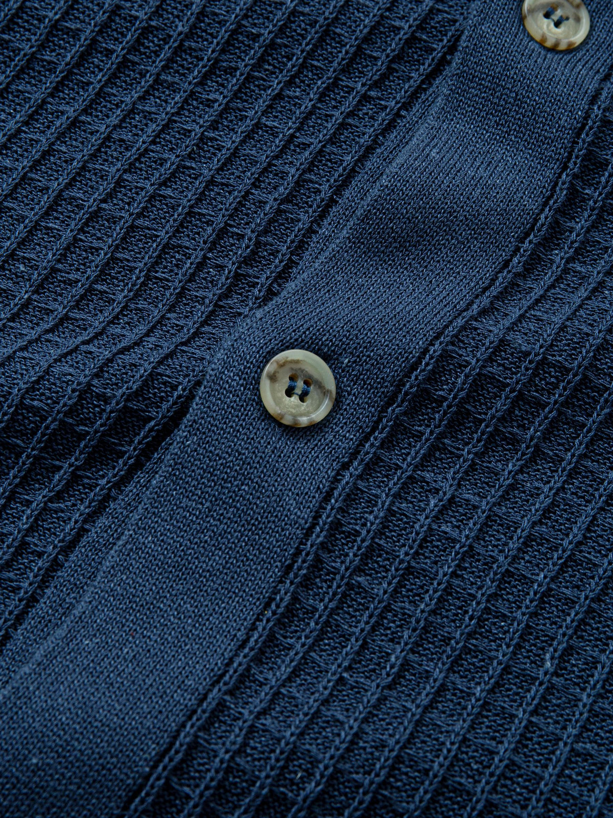 Close-up view of tonal front buttons on OROMEN ribbed polo sweater cardigan