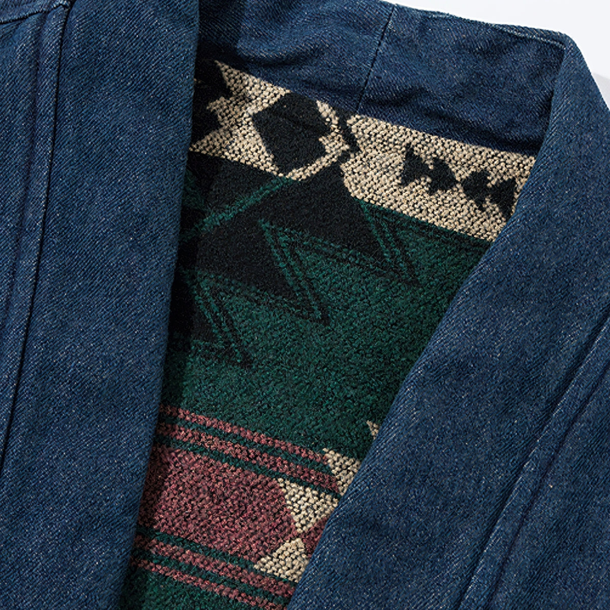 Close-up of OROMEN KIMONO018 collarless neckline, brushed jacquard weave at collar edge, clean open-front finish, handmade detail