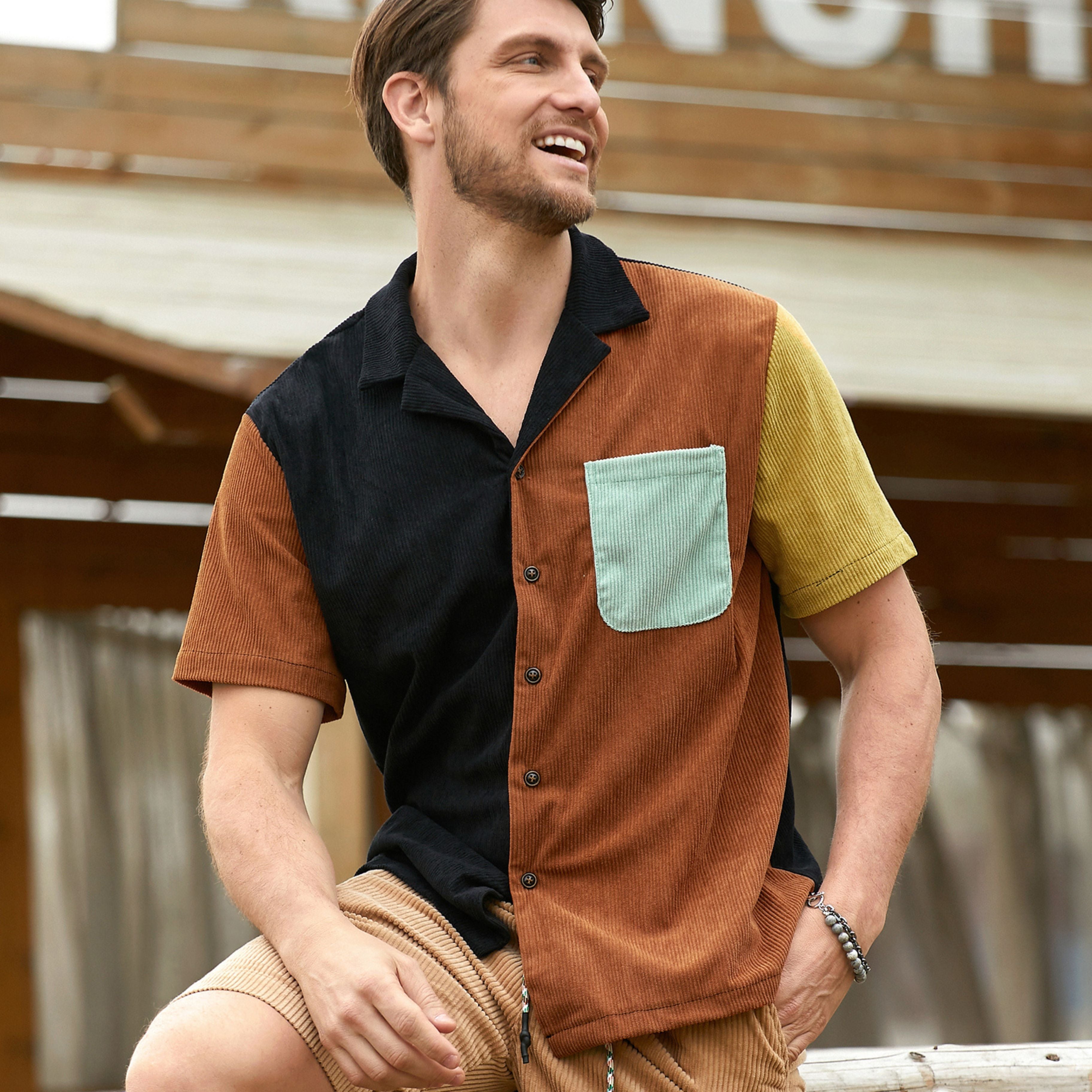 Contrast Corduroy Shirt Model Front Shot – OROMEN Patchwork
