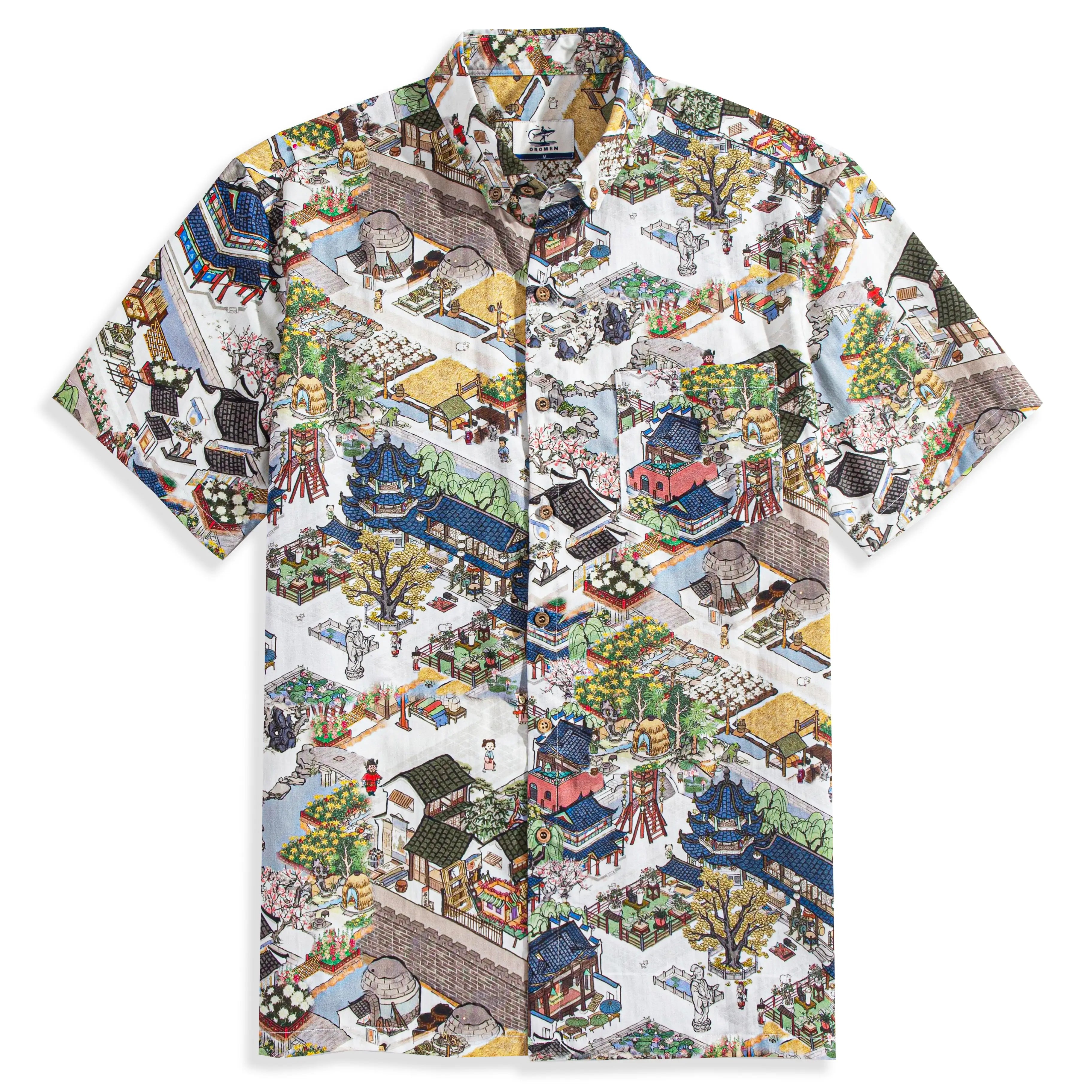 Courtyard Culture Aloha Shirt - Qingming Festival print with Chinese architecture