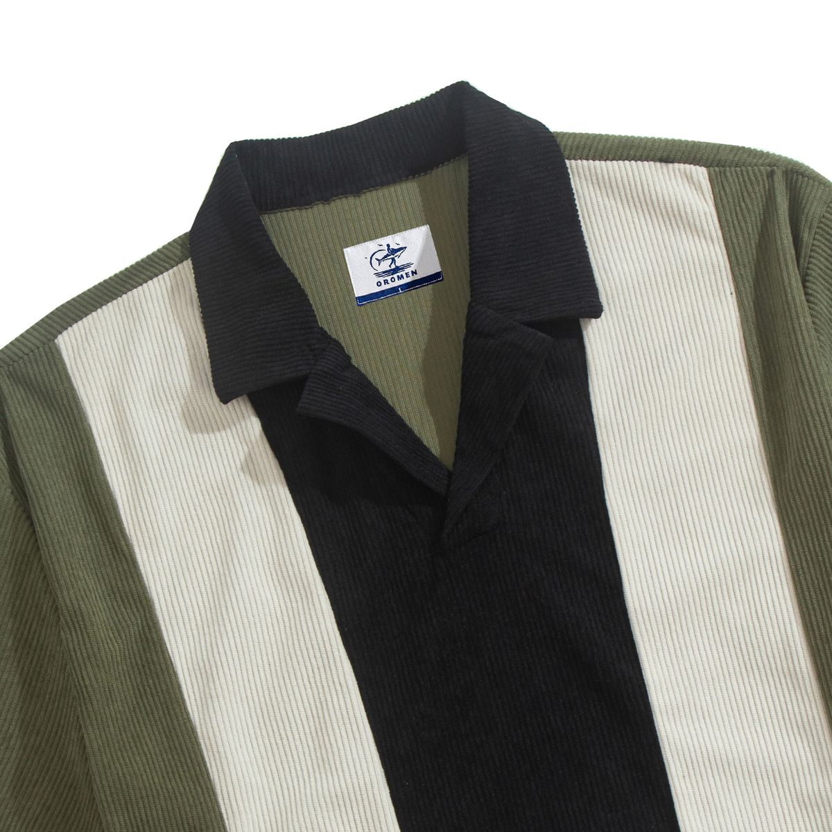 Cuban Camp Collar Detail – OROMEN Military Green Black White Corduroy
