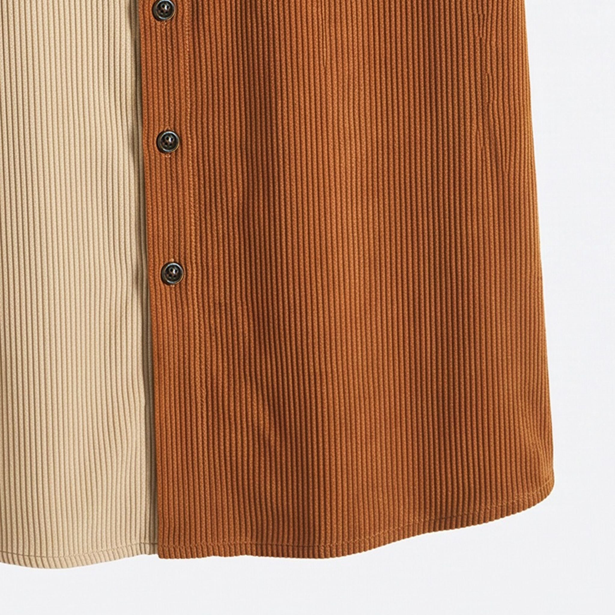 Curved‑hem‑detail‑showing‑rust‑and‑beige‑colorblock‑split‑on‑OROMEN‑corduroy‑hooded‑shirt