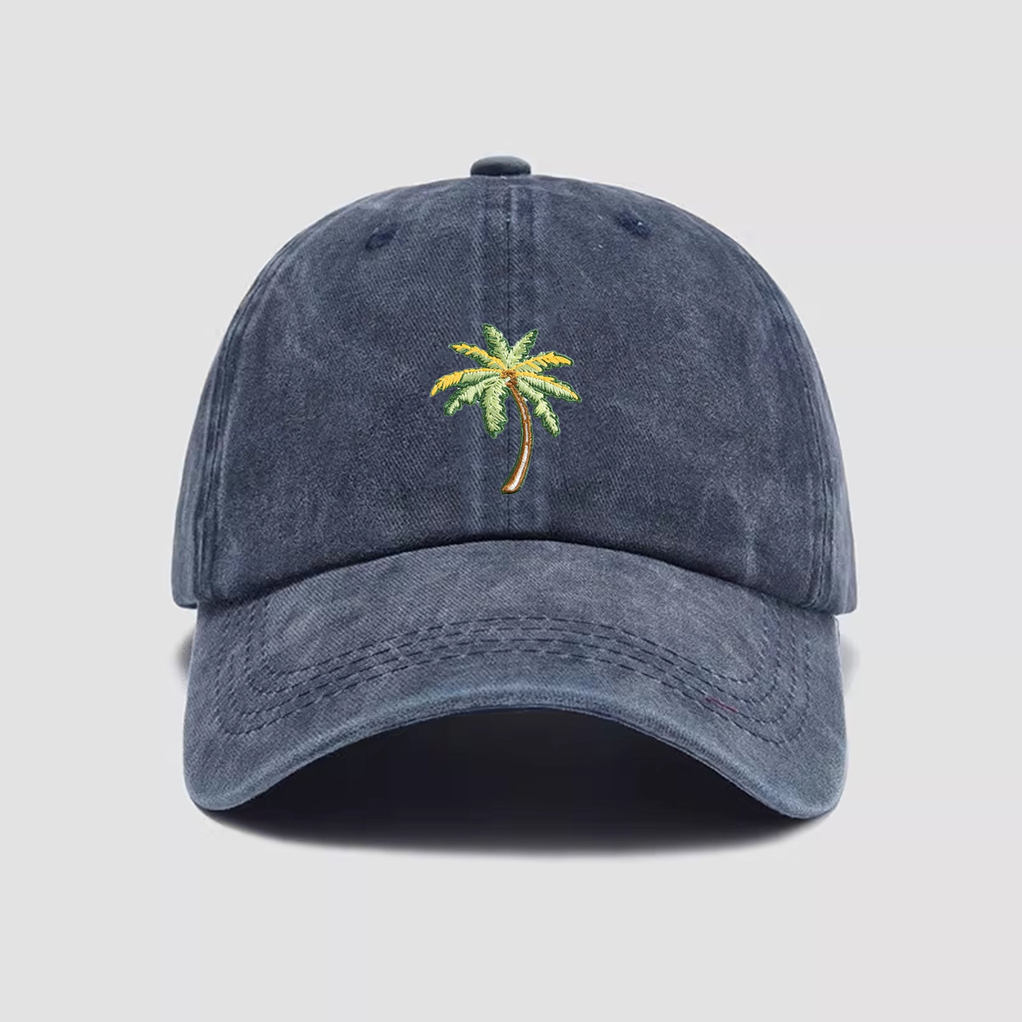 Denim blue vintage washed baseball cap - embroidered palm tree design