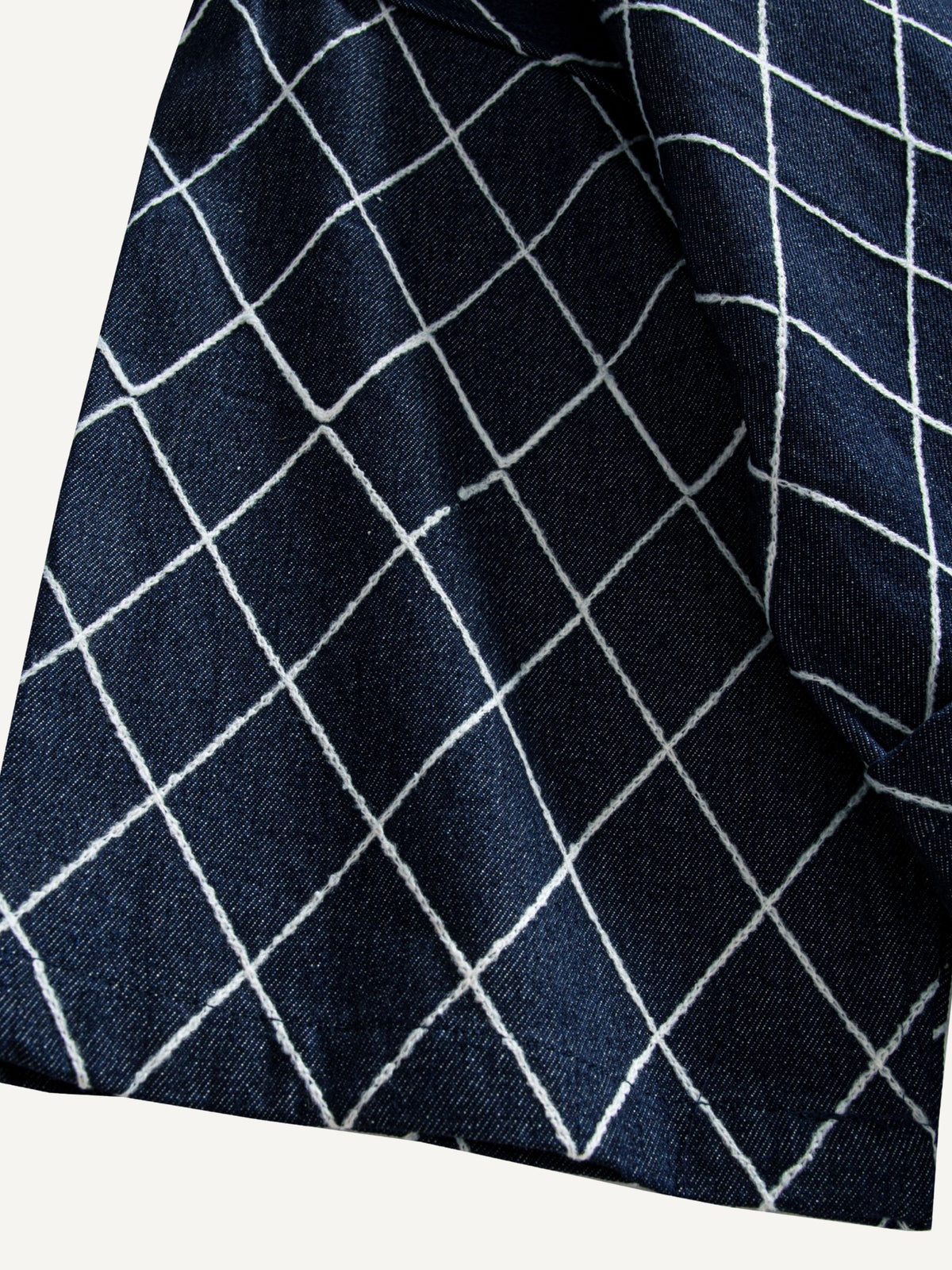 Detail of wide three-quarter sleeve cuff on navy Diamond Grid Haori Kimono