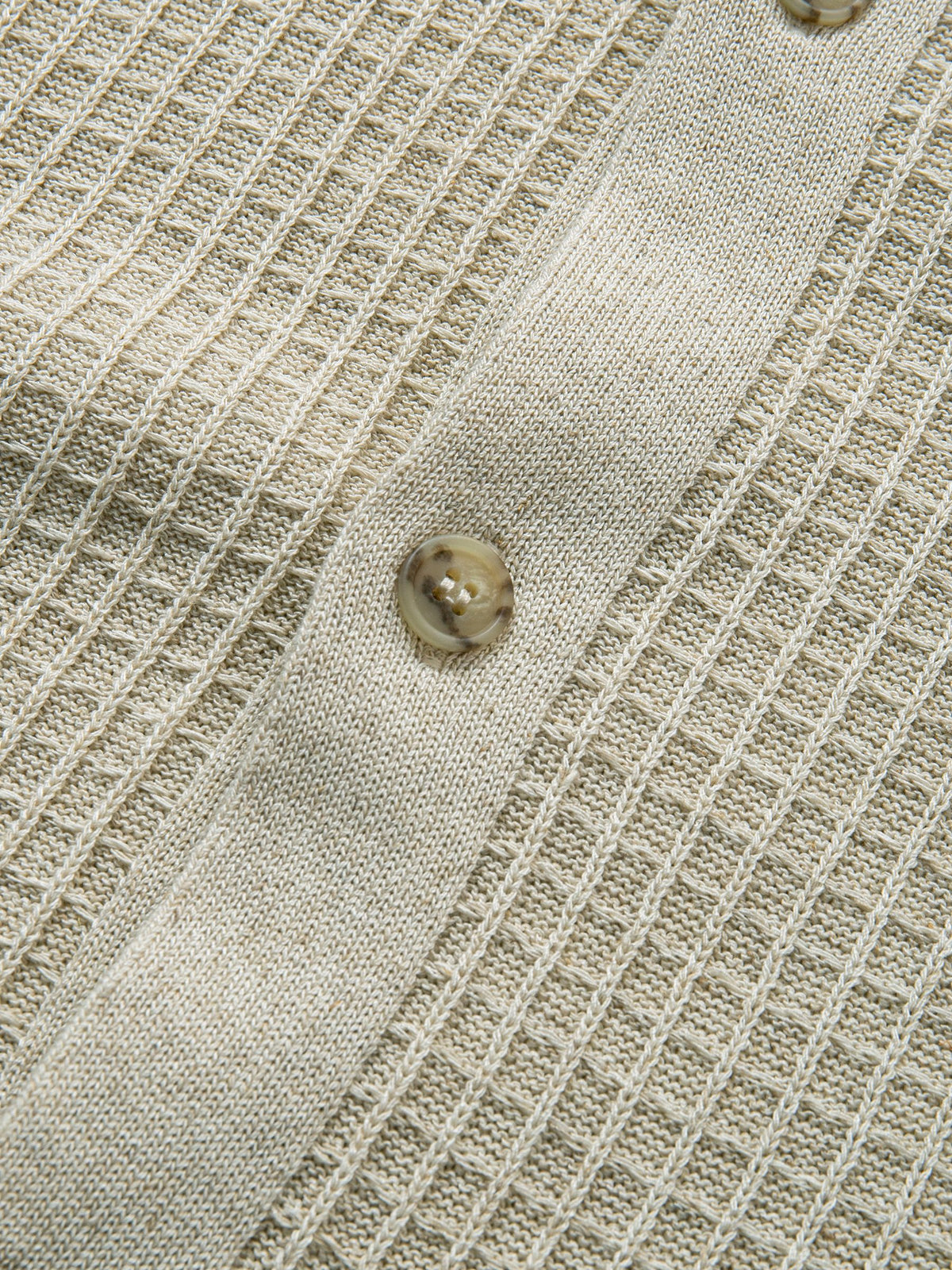 Detailed close-up view of front button closure and textured ribbed placket