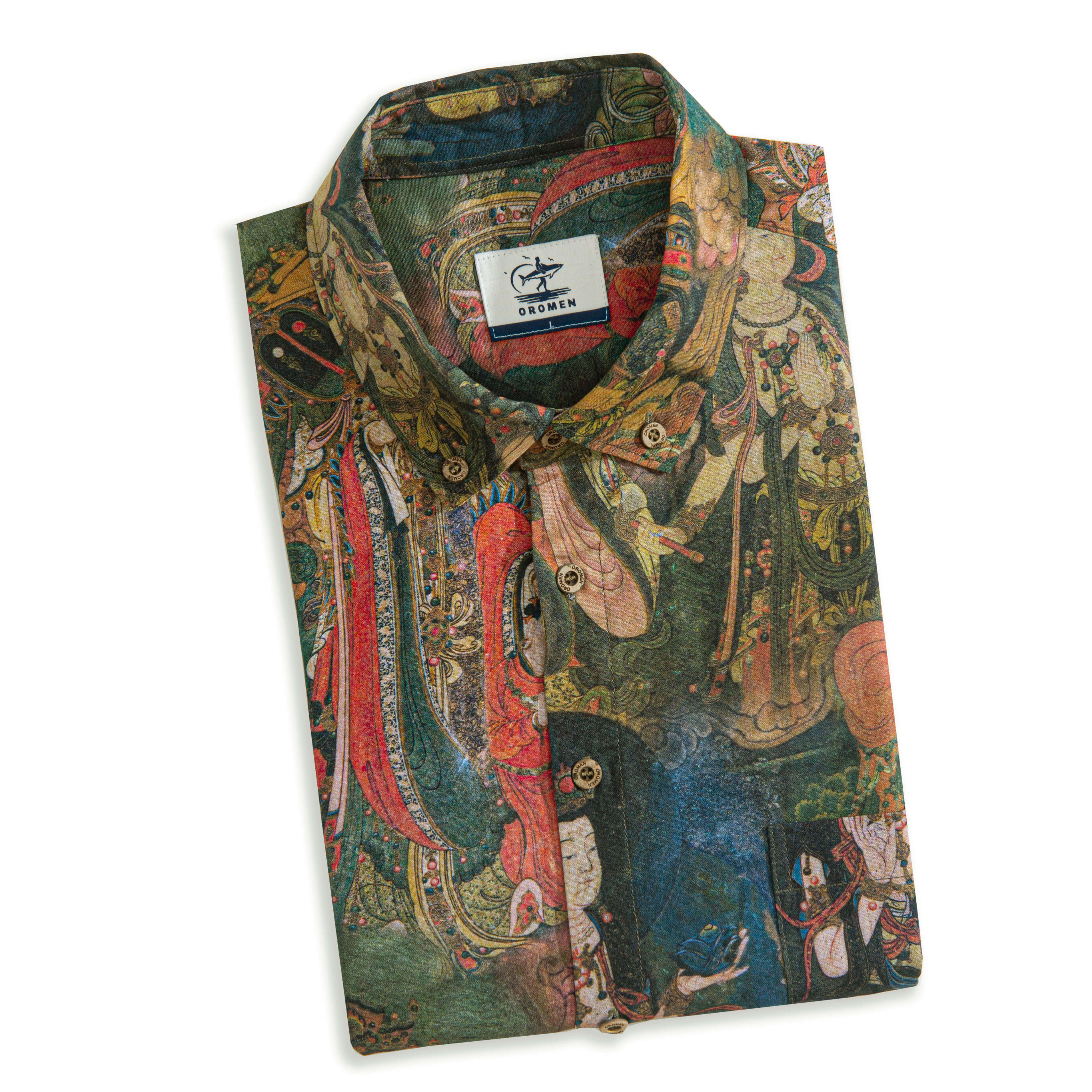 Dunhuang Caves inspired Buddhist mythology detail on cotton aloha shirt