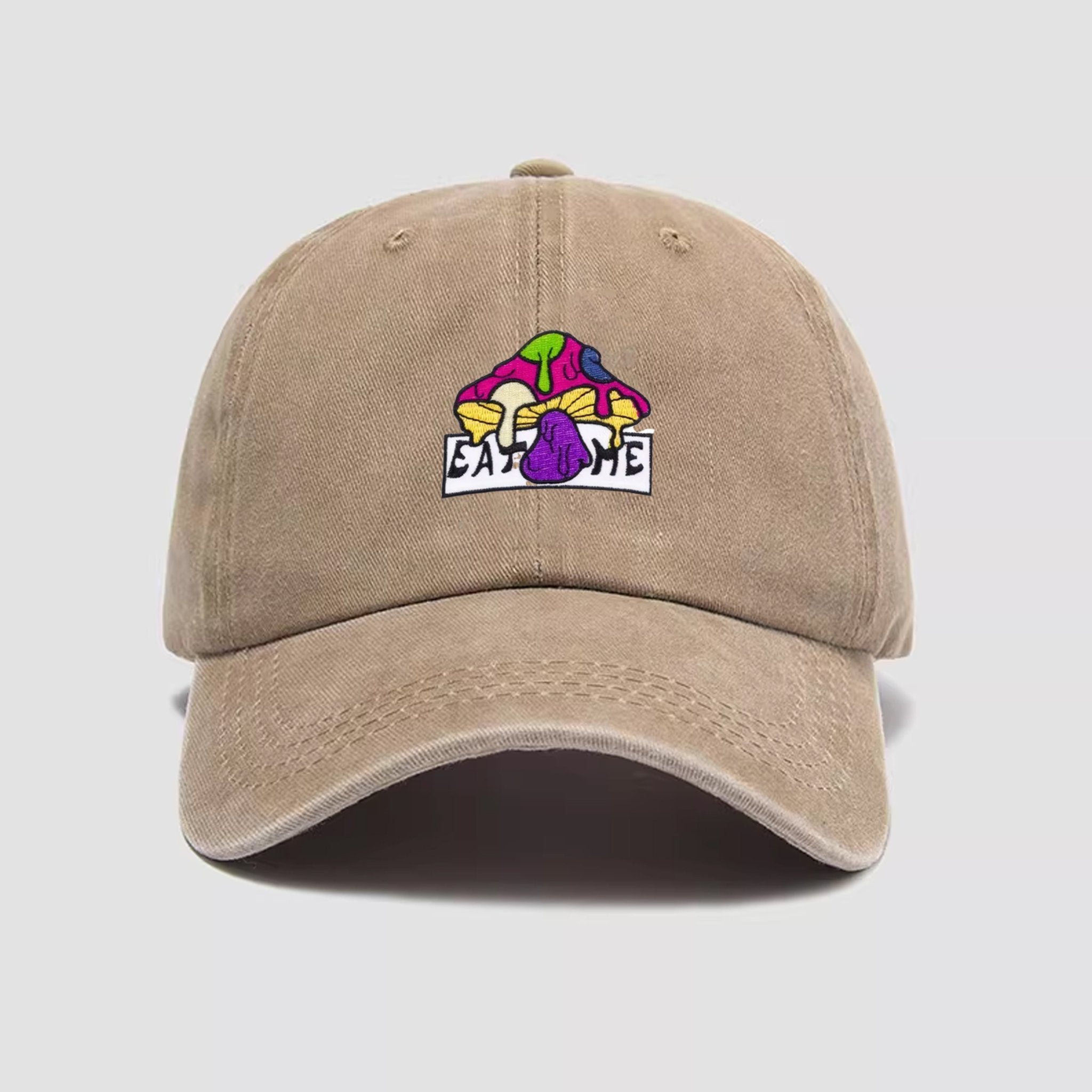 EAT ME Psychedelic Mushroom Hat in Khaki - Vintage Washed Baseball Cap