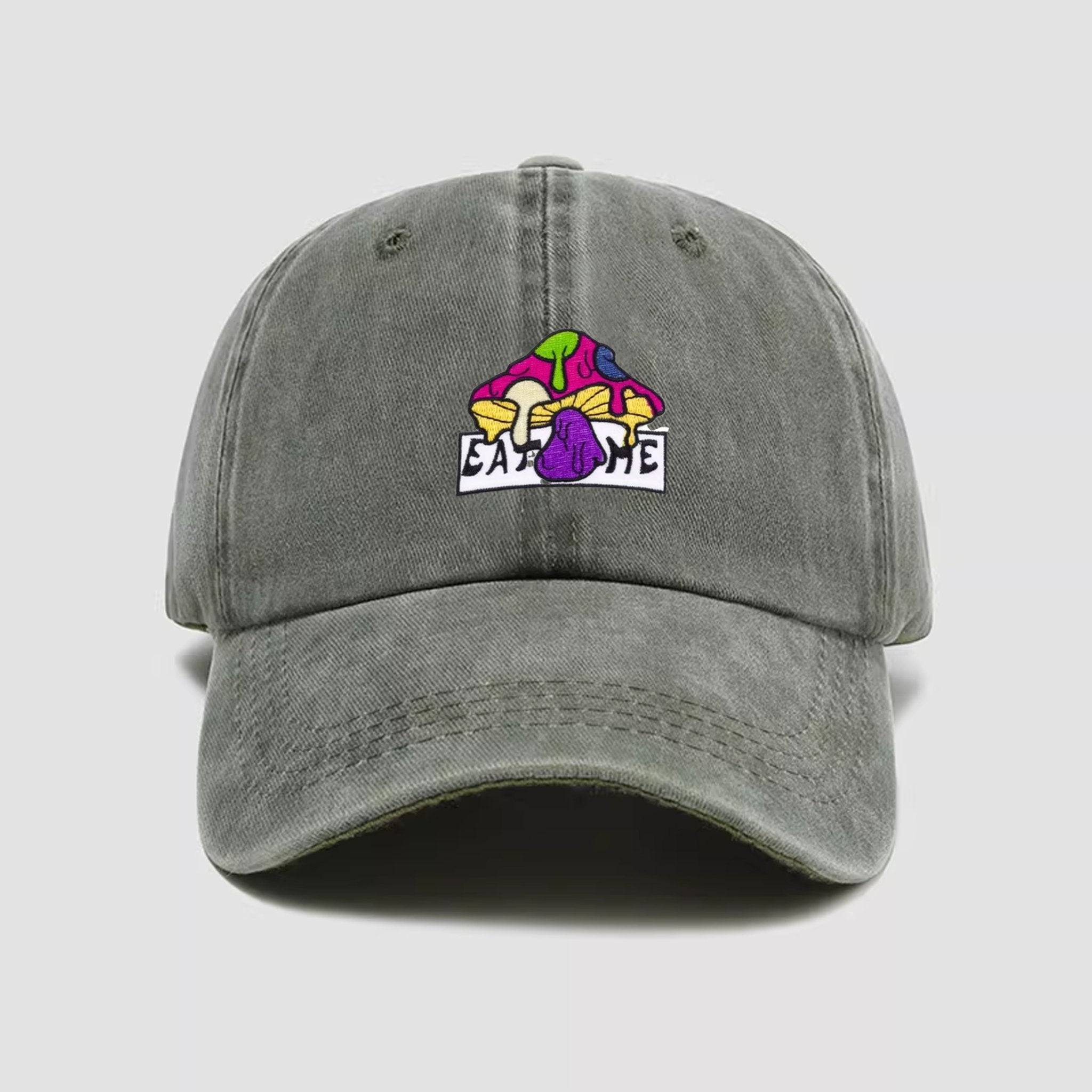 EAT ME Psychedelic Mushroom Hat in Olive Green - Streetwear Cap