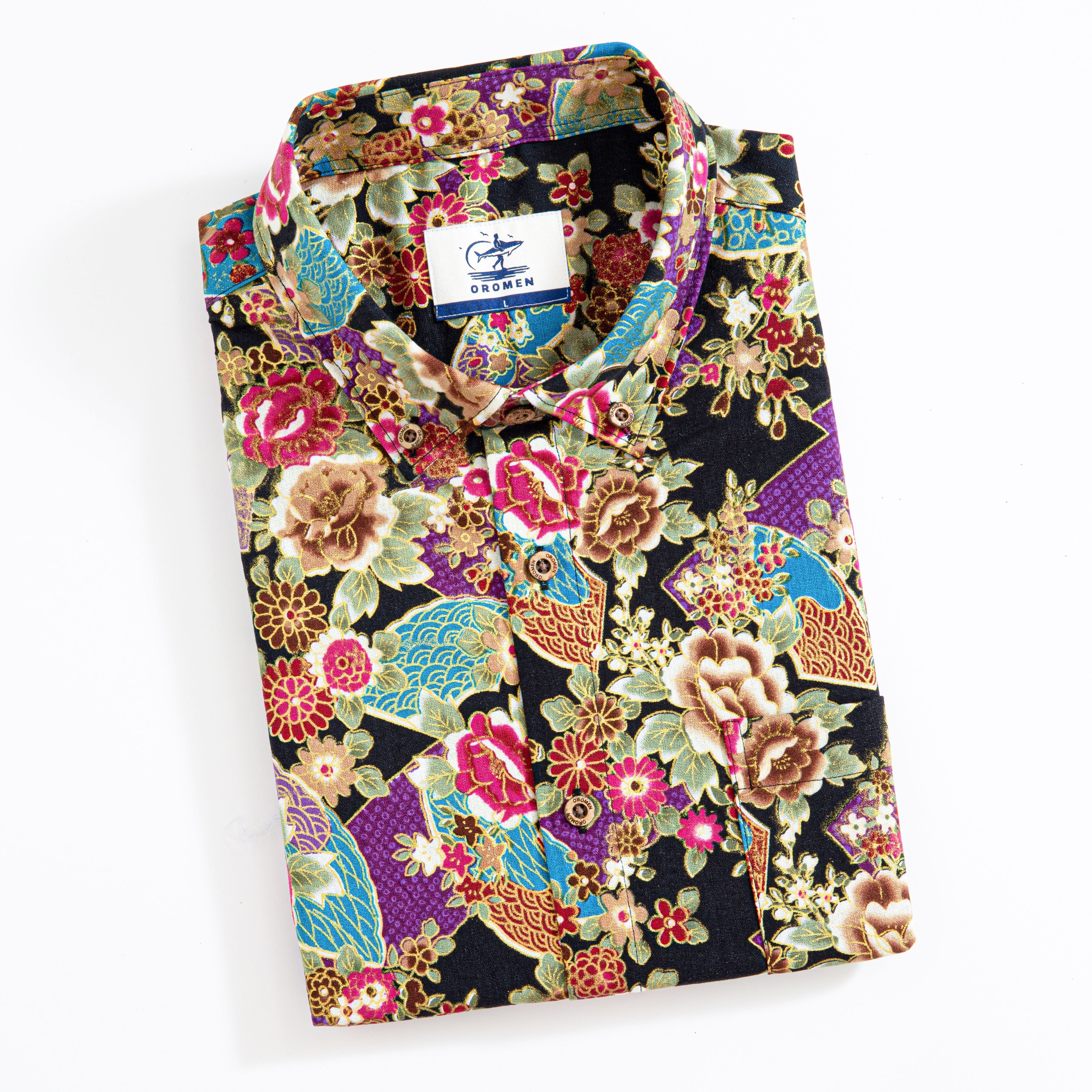 Elegant Peony Ukiyo-e shirt detail showing natural coconut buttons