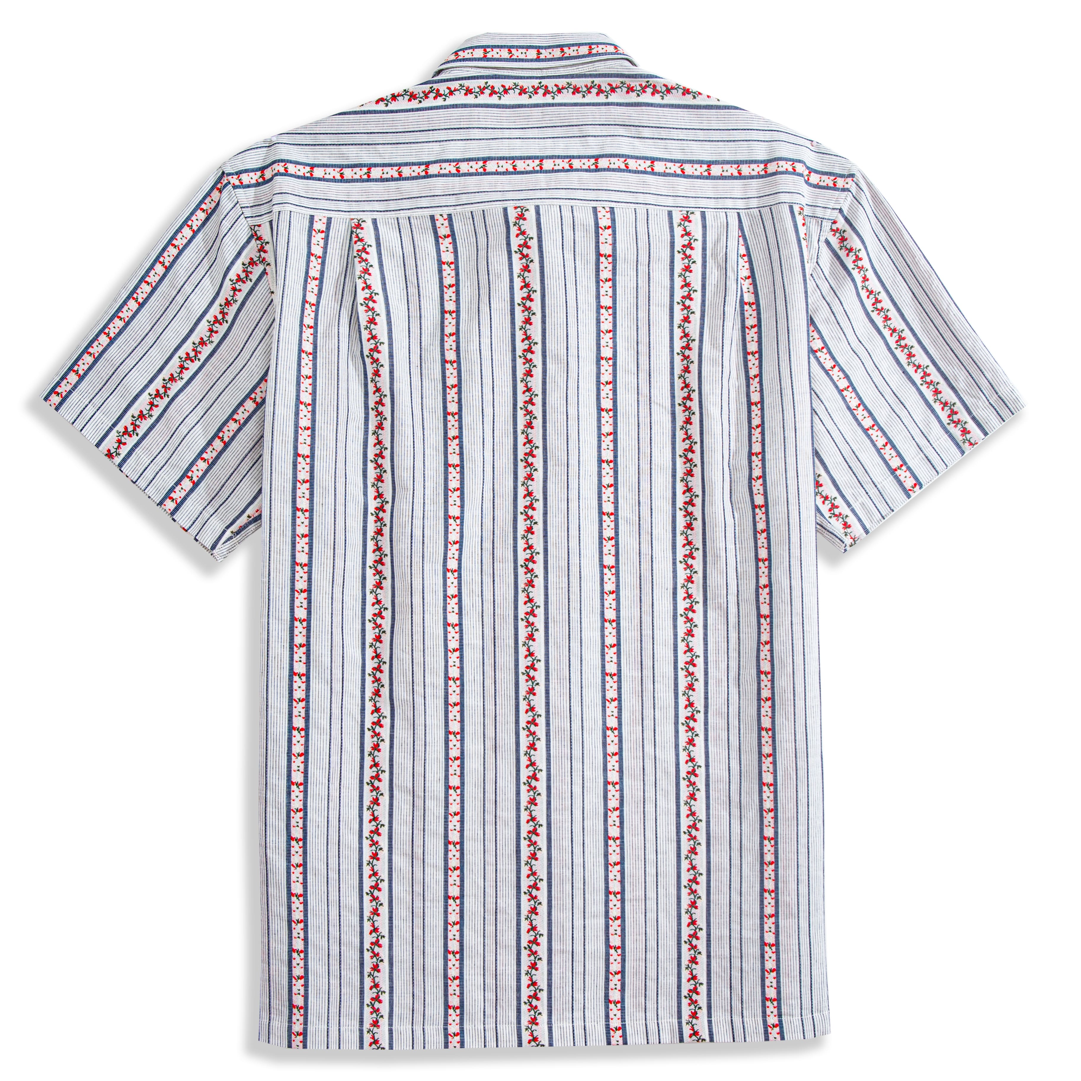 Flat lay of embroidered floral striped cotton shirt showing craftsmanship