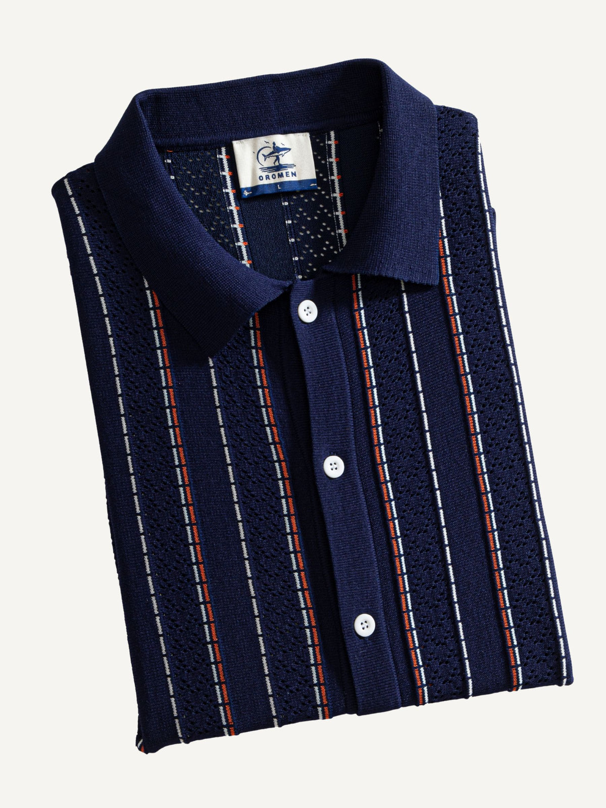 Folded view of OROMEN Tally Stripe Open-Knit Shirt