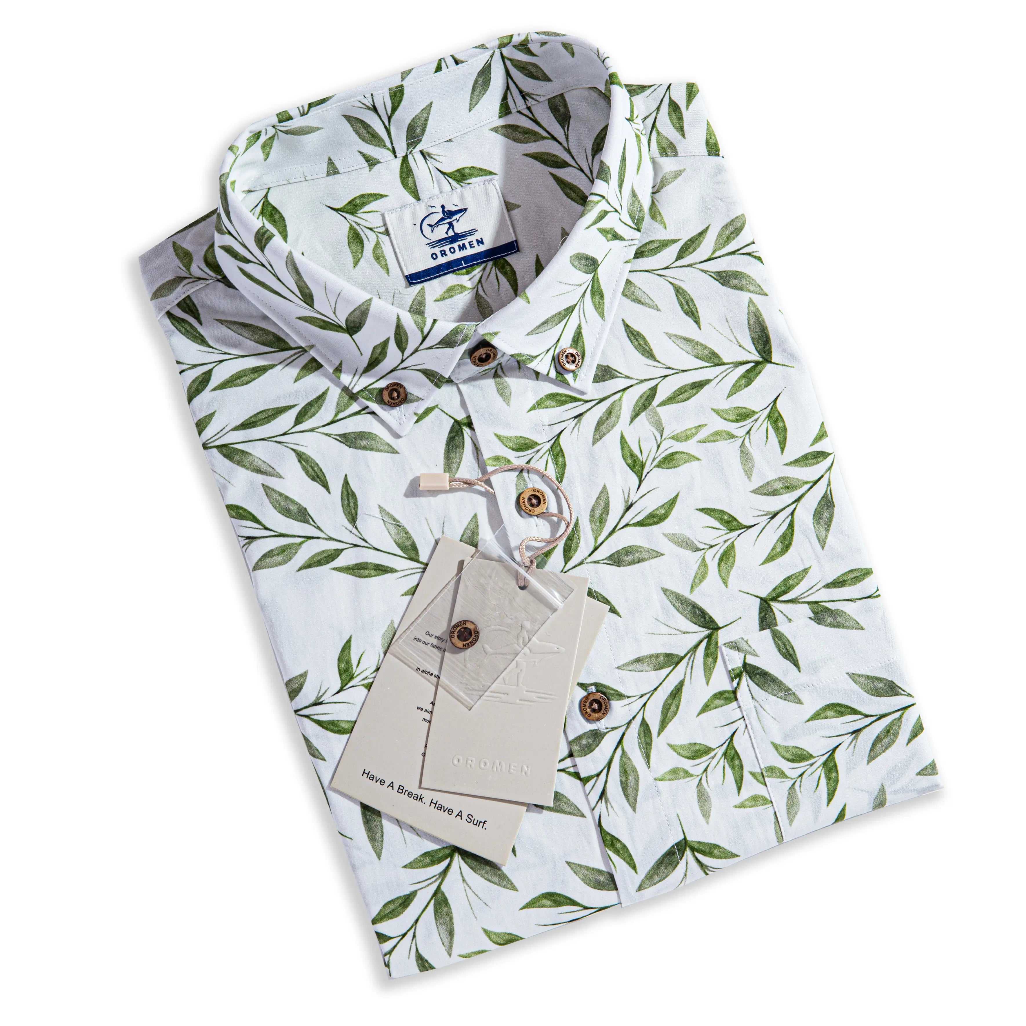 Folded OROMEN Willow Bough Hawaiian shirt with hang tag – white green willow leaf print, ready to gift