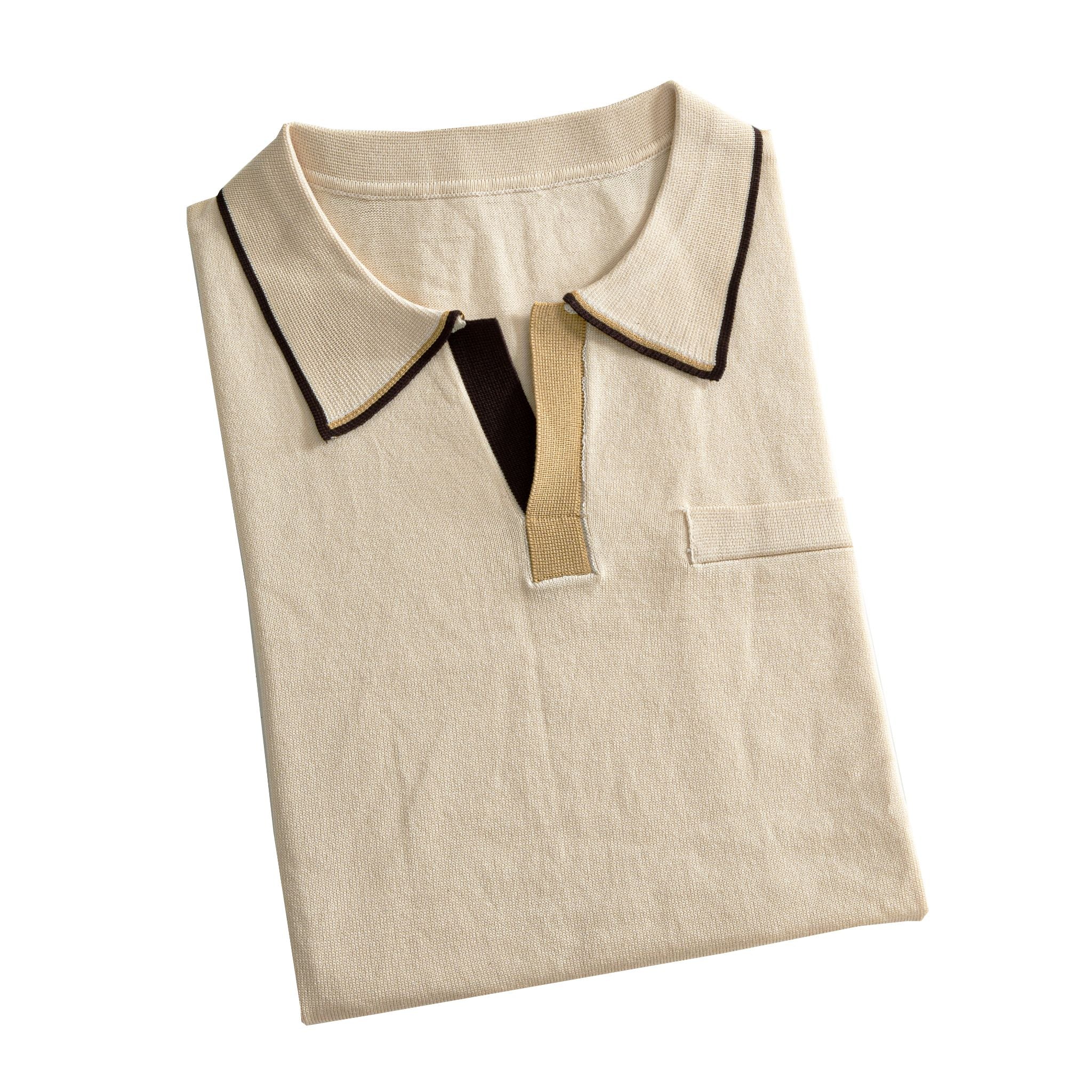 Folded men's cream viscose knit polo shirt with contrast trim, flat lay on white background – OROMEN