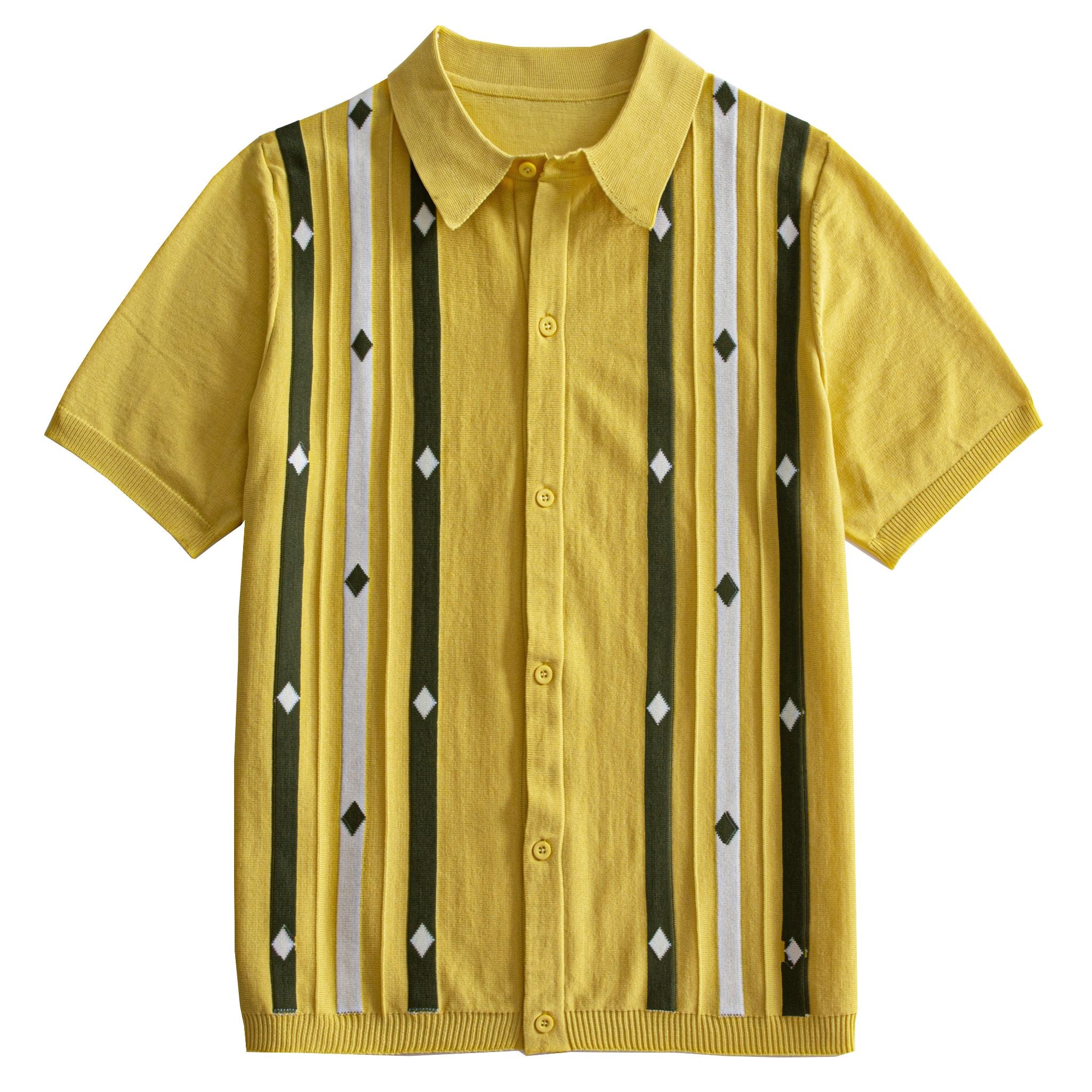 Front flat lay of men's yellow retro stripe diamond jacquard knit shirt on white background – OROMEN