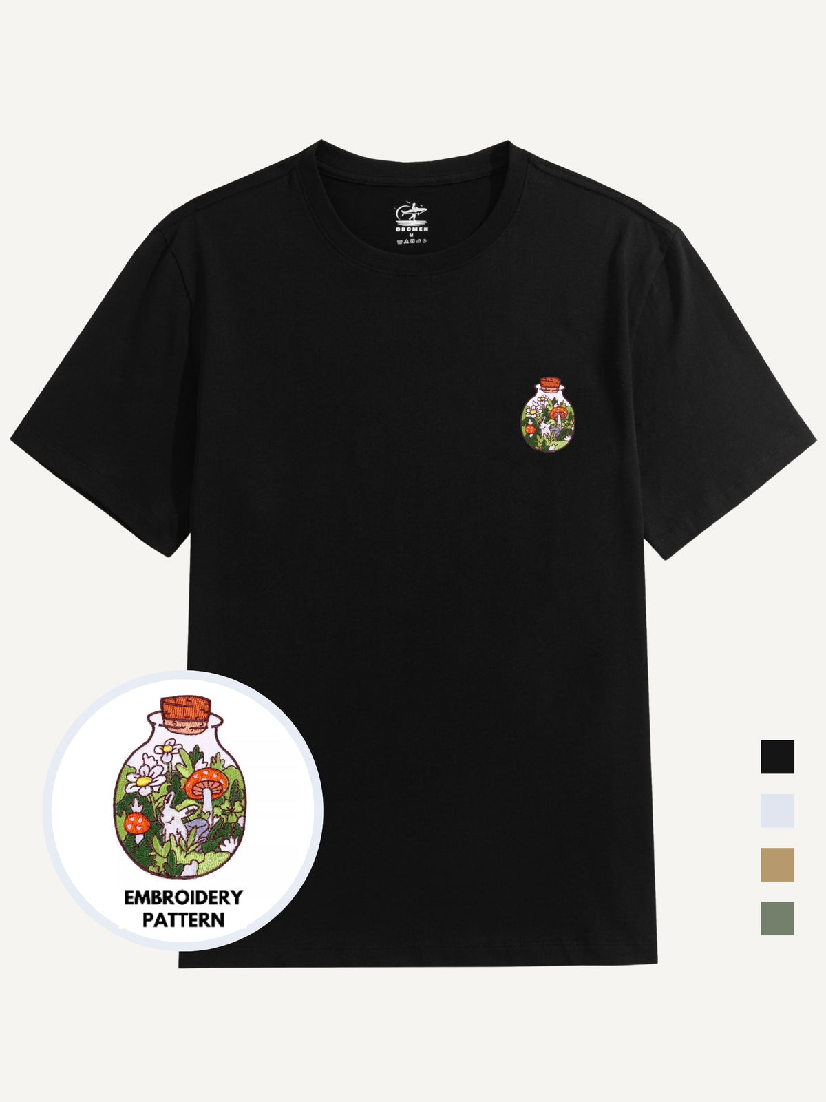 Front flat lay view of OROMEN Bottle Garden Embroidery T-shirt in black