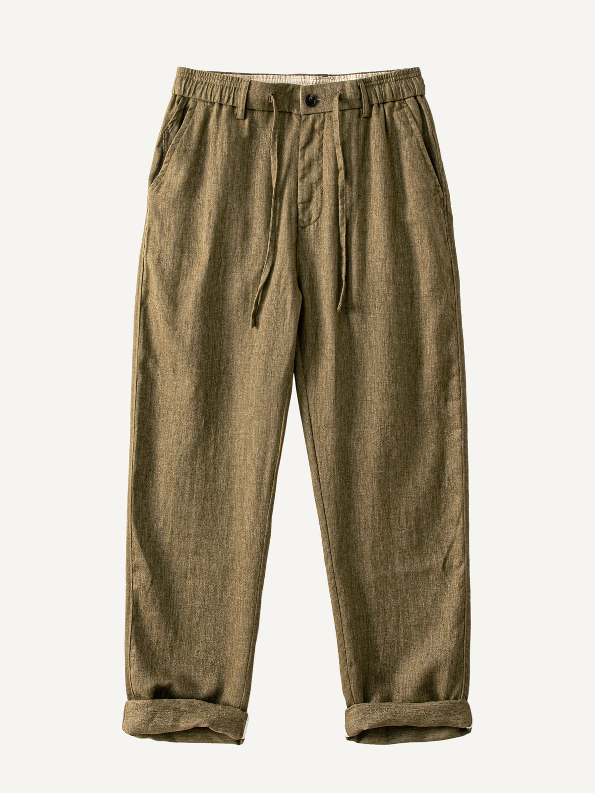 Front flat lay view of OROMEN Herringbone Weave Linen Trousers