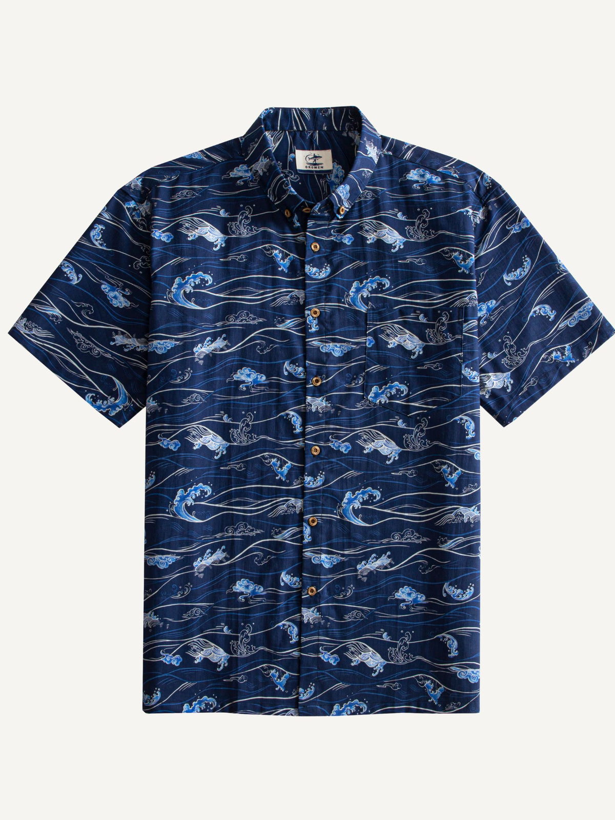 Front flat lay view of OROMEN Hokusai Kairin Shirt in navy
