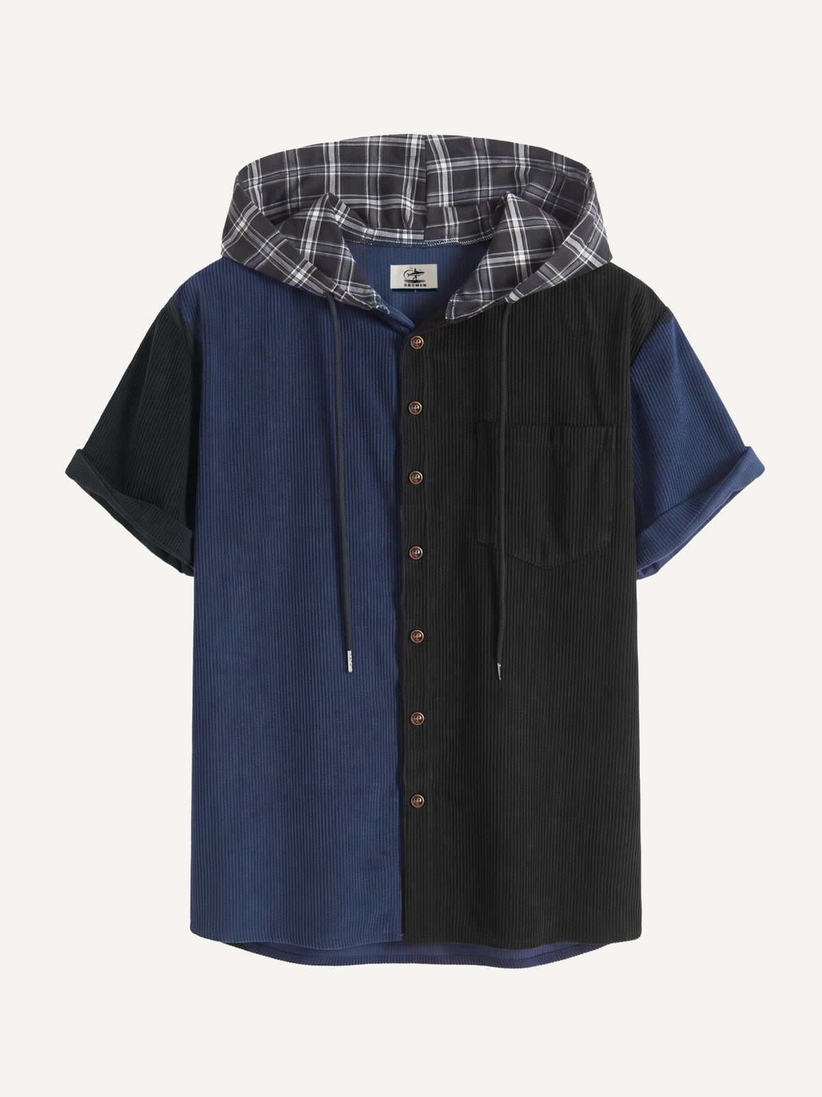 Front flat lay view of OROMEN Lodge Corduroy Hooded Shirt in navy and black
