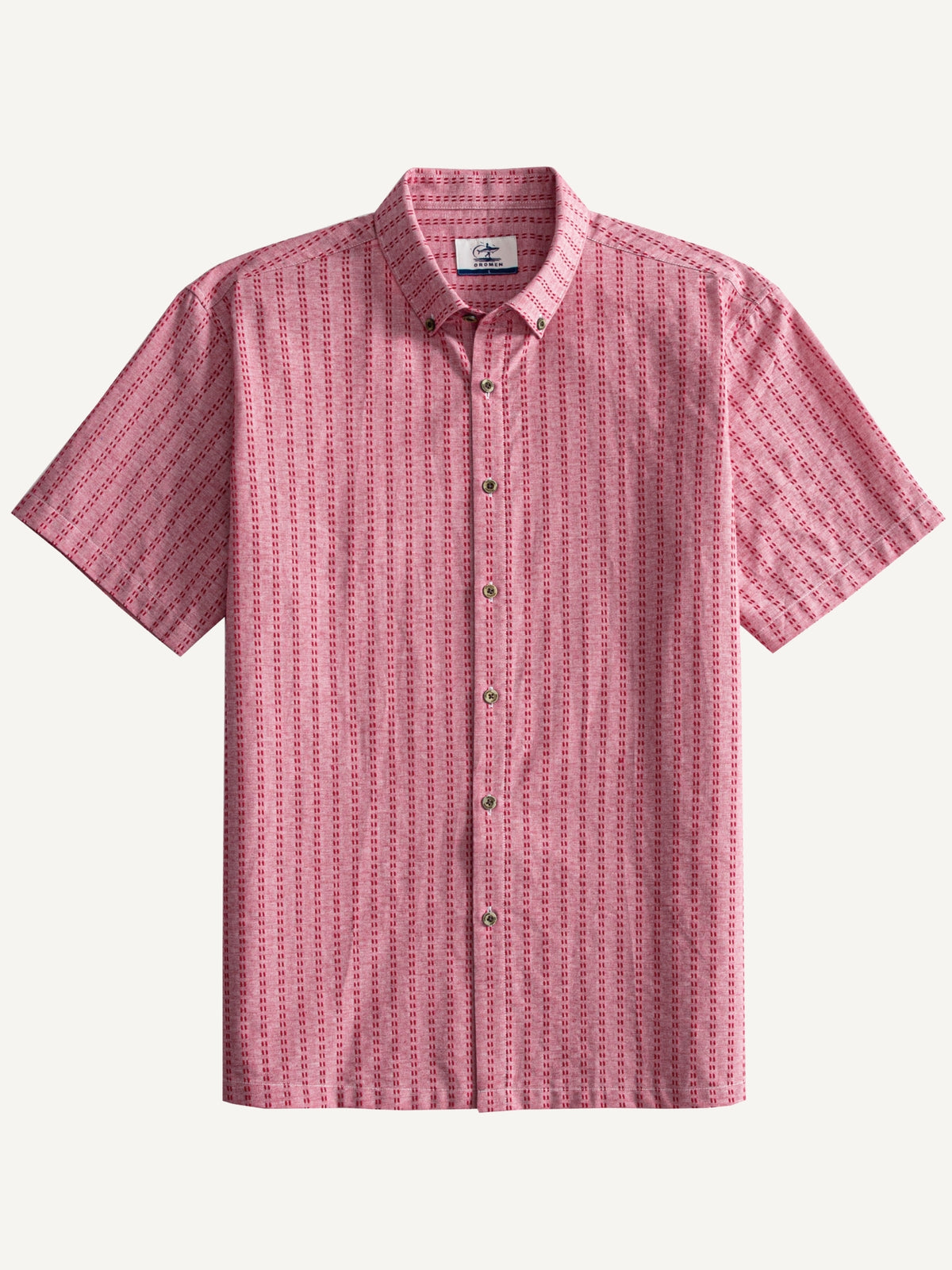 Front flat lay view of OROMEN Sashiko Coral Cotton Shirt in washed coral
