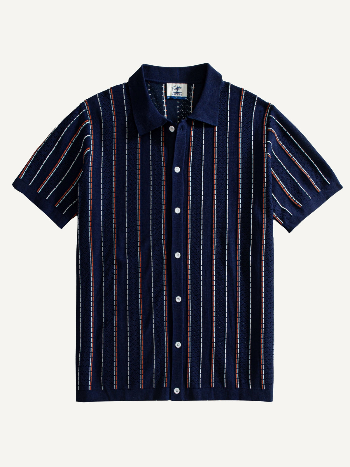 Front flat lay view of OROMEN Tally Stripe Open-Knit Shirt