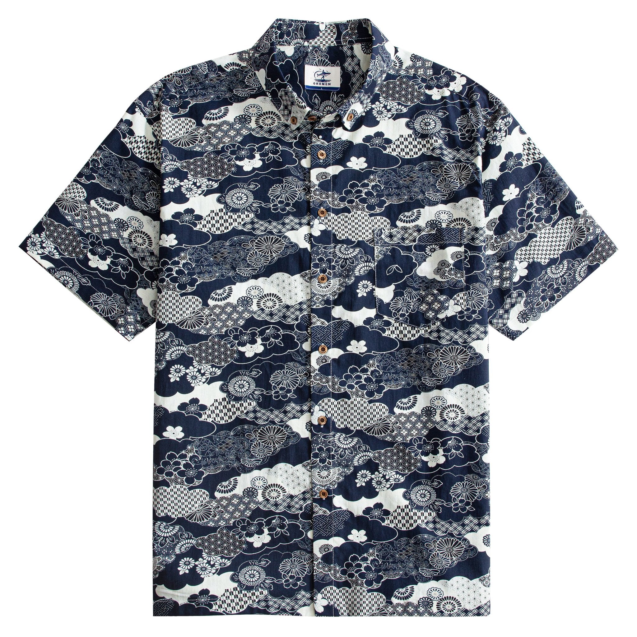 Front view of OROMEN Seigaiha Asanoha Sakura Japanese pattern short sleeve shirt in Navy