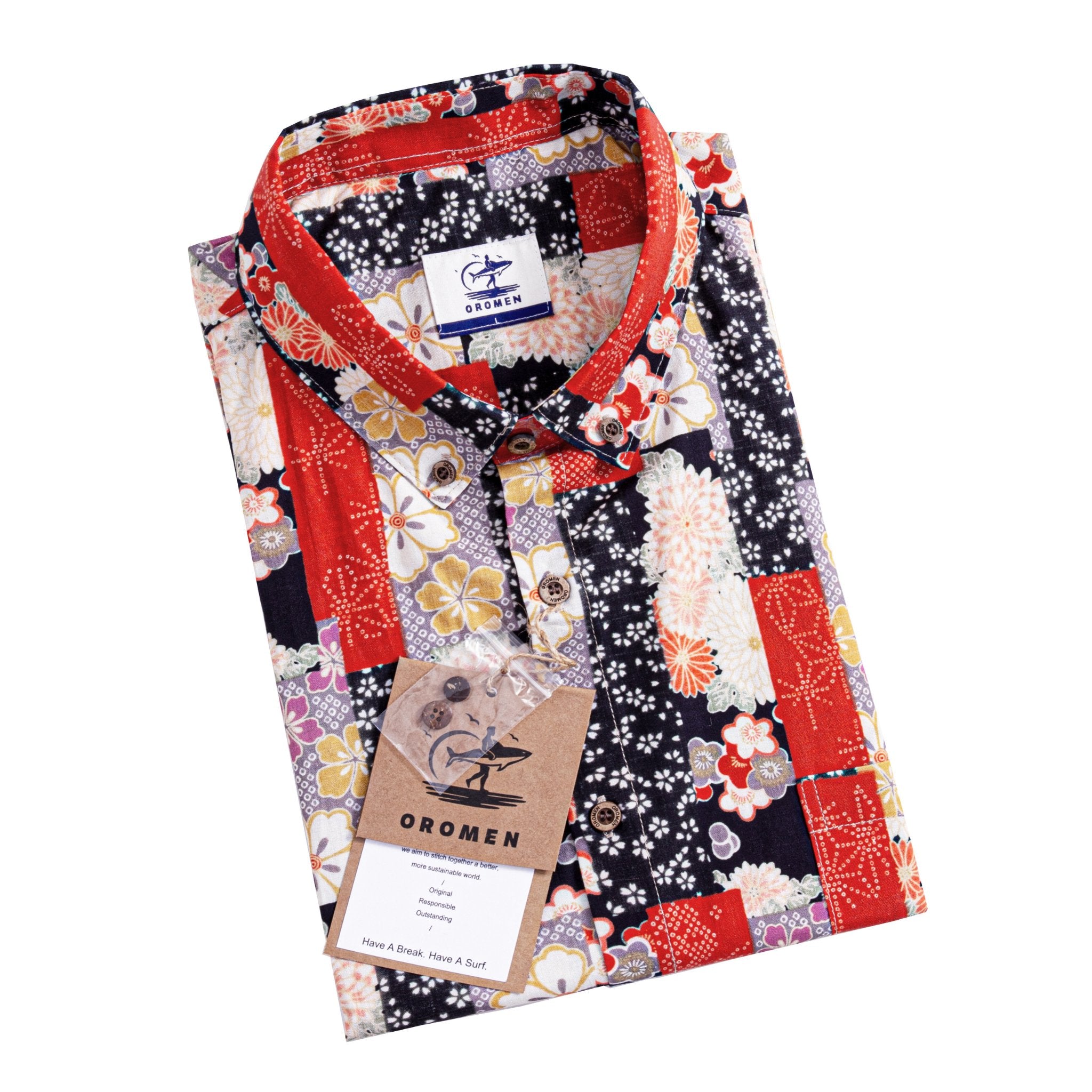 Front view of Sakura Bokashi short sleeve shirt with coconut buttons and button-down collar