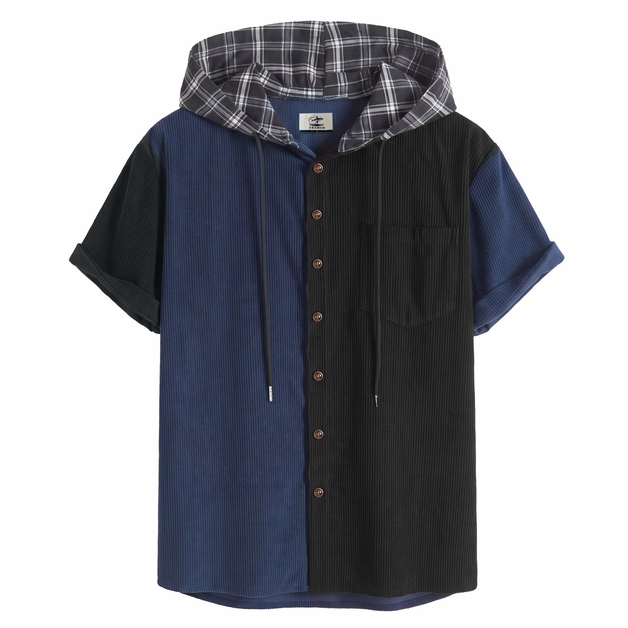 Front flat lay of OROMEN navy blue and black corduroy colorblock hooded shirt with plaid hood and antique brass buttons