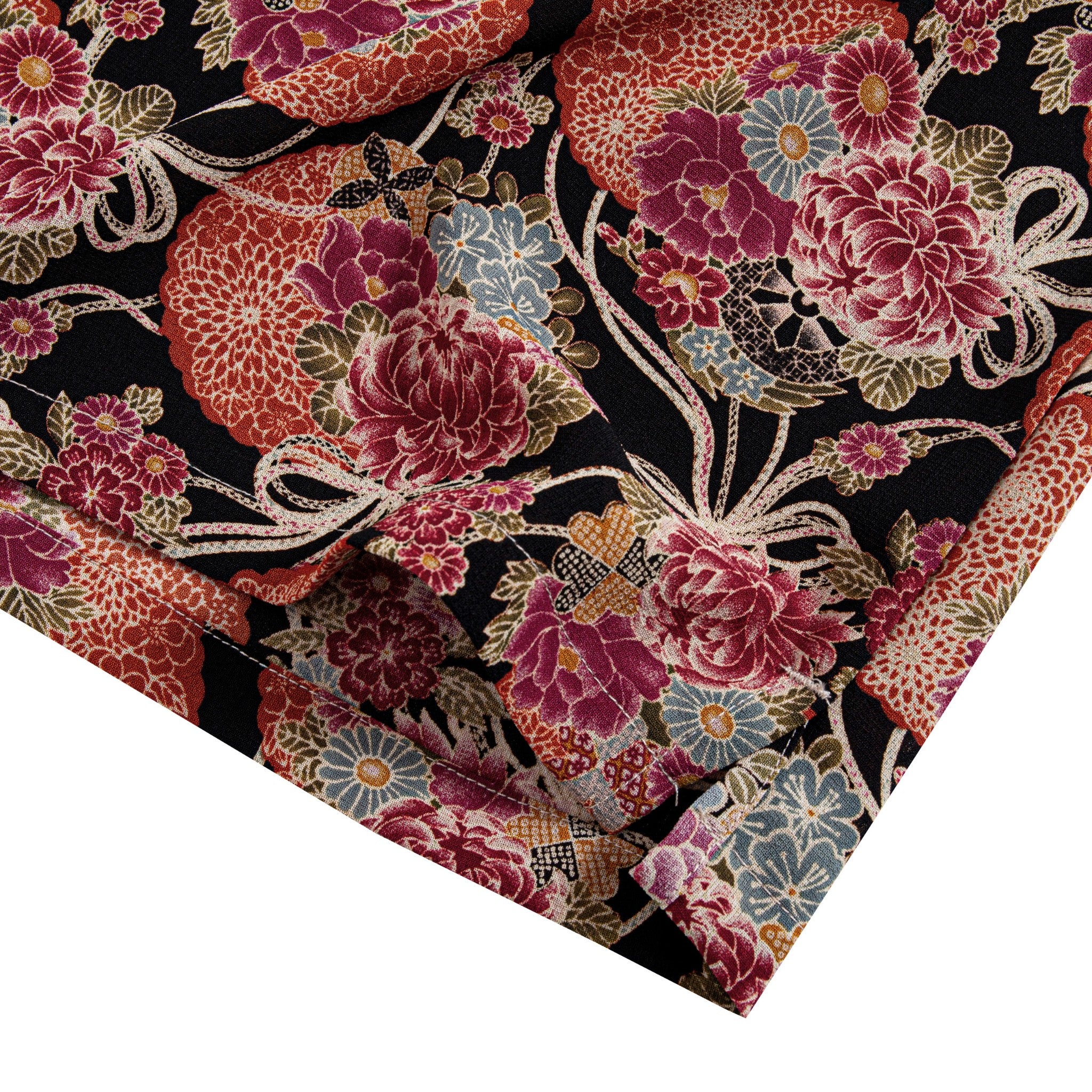 Full length view of black chrysanthemums Ukiyo-e print shirt by OROMEN