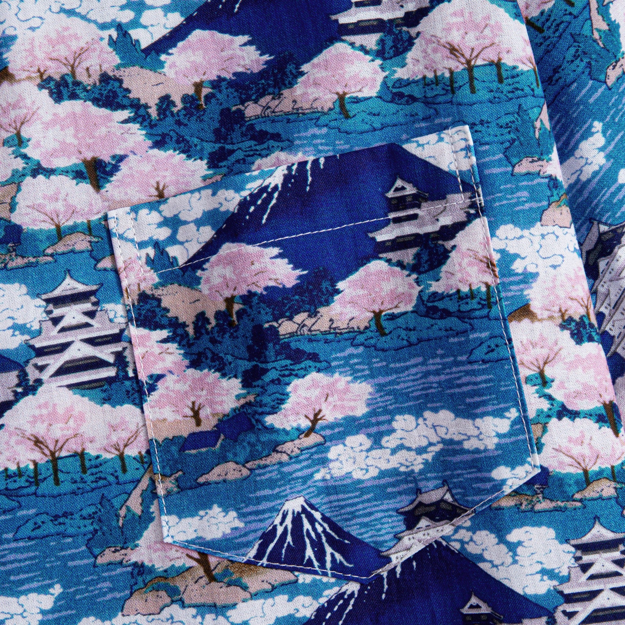 Full view of Japanese aloha shirt with repeating Mount Fuji and cherry blossom pattern