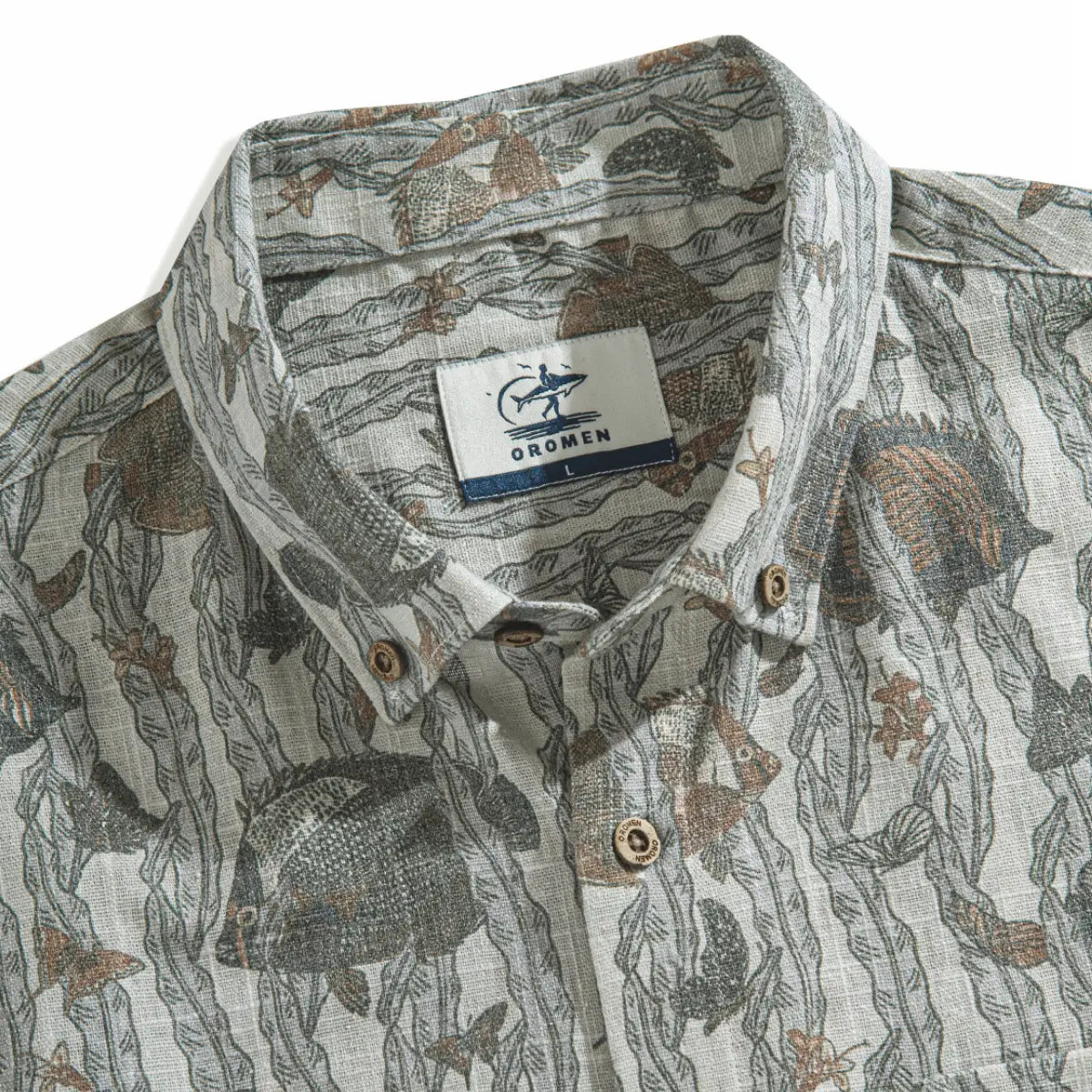 Grey aloha shirt with marine life print - casual styling view