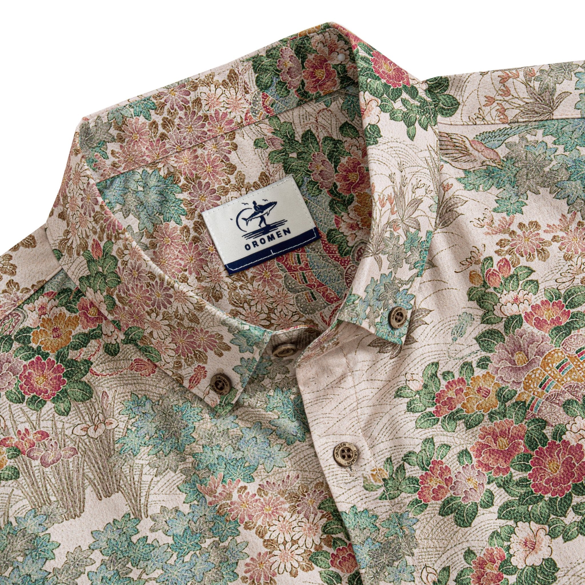 Hand-painted Ukiyoe cherry blossom and landscape detail on cotton Hawaiian shirt
