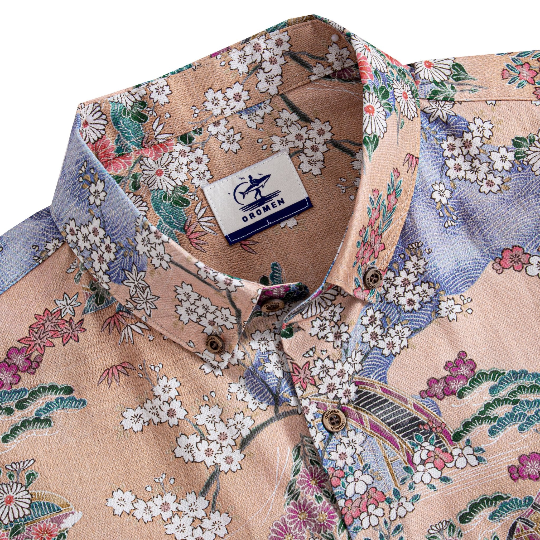 Hand-painted cherry blossom print detail on Japanese cotton shirt