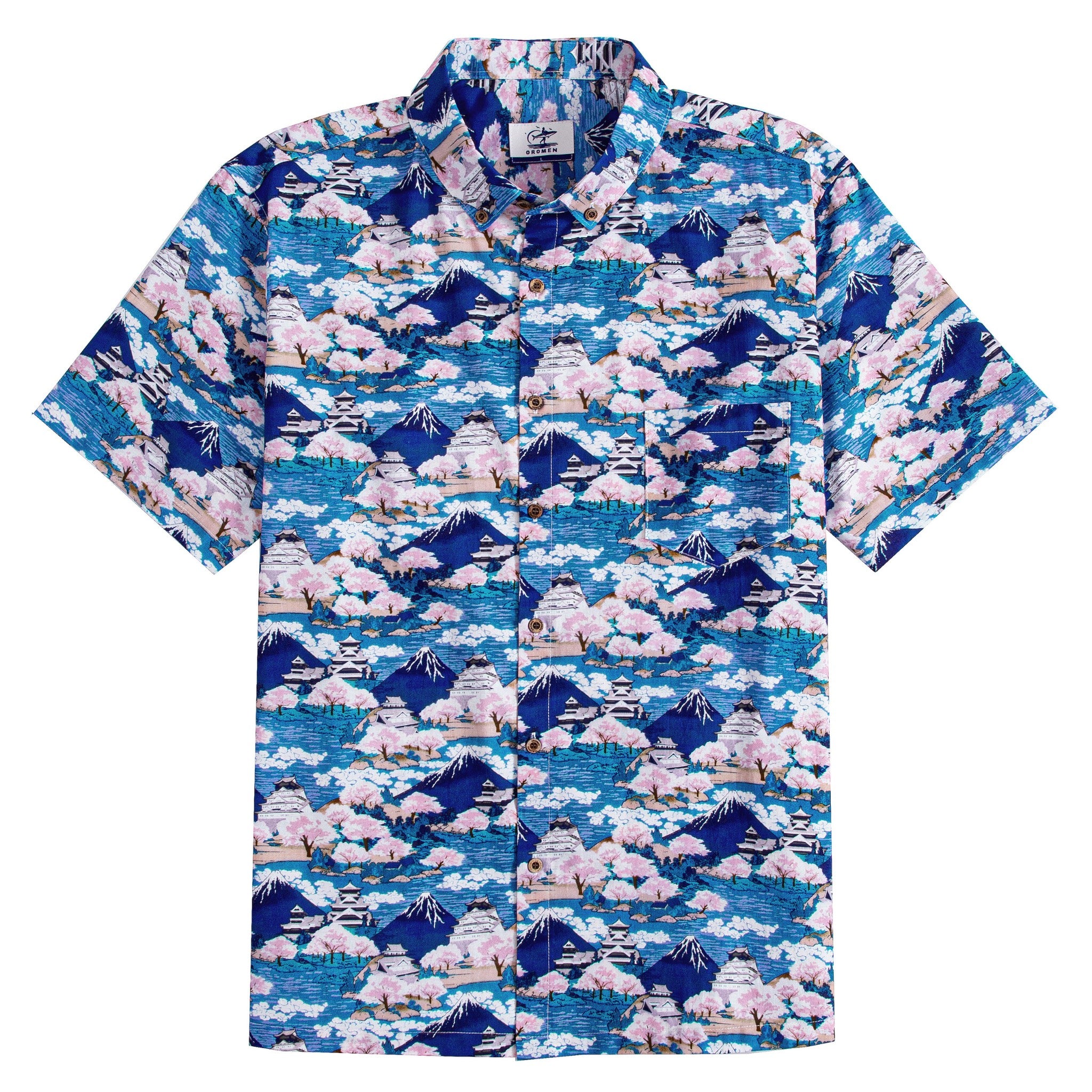 Japanese Ukiyo-e aloha shirt with blue Mount Fuji cherry blossoms and traditional castle print