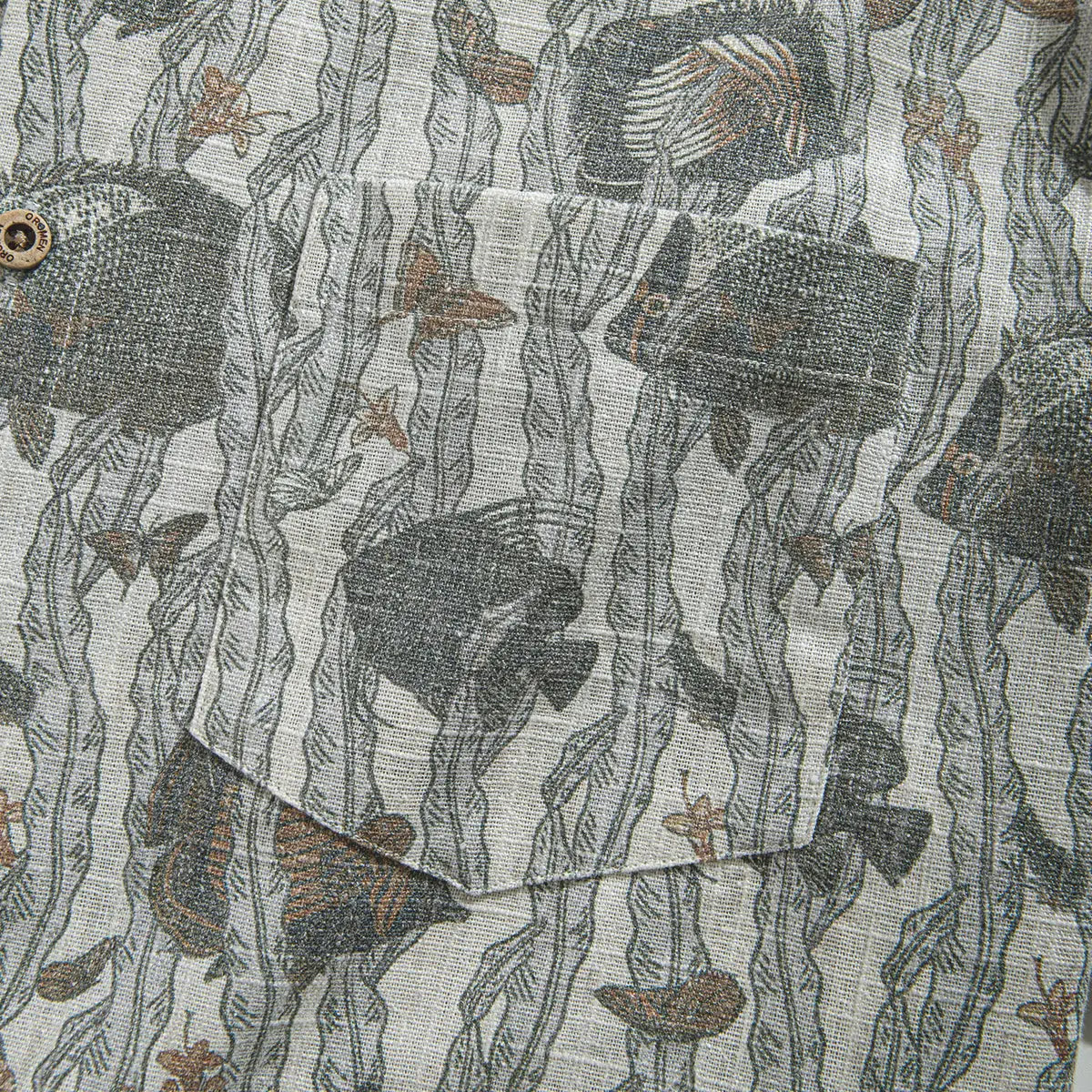 Japanese-inspired marine life print on grey linen aloha shirt