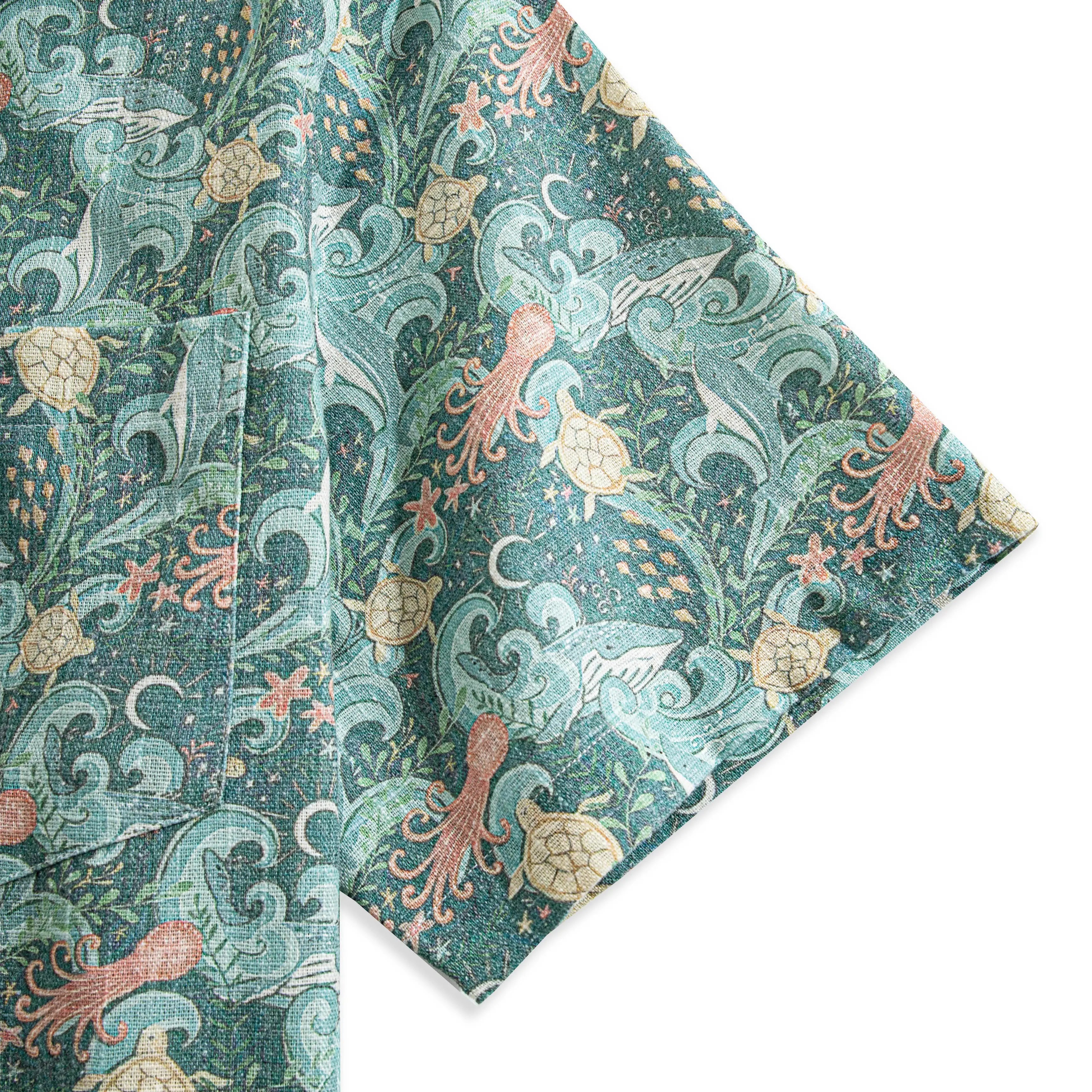 Japanese-inspired undersea coral print on premium linen aloha shirt