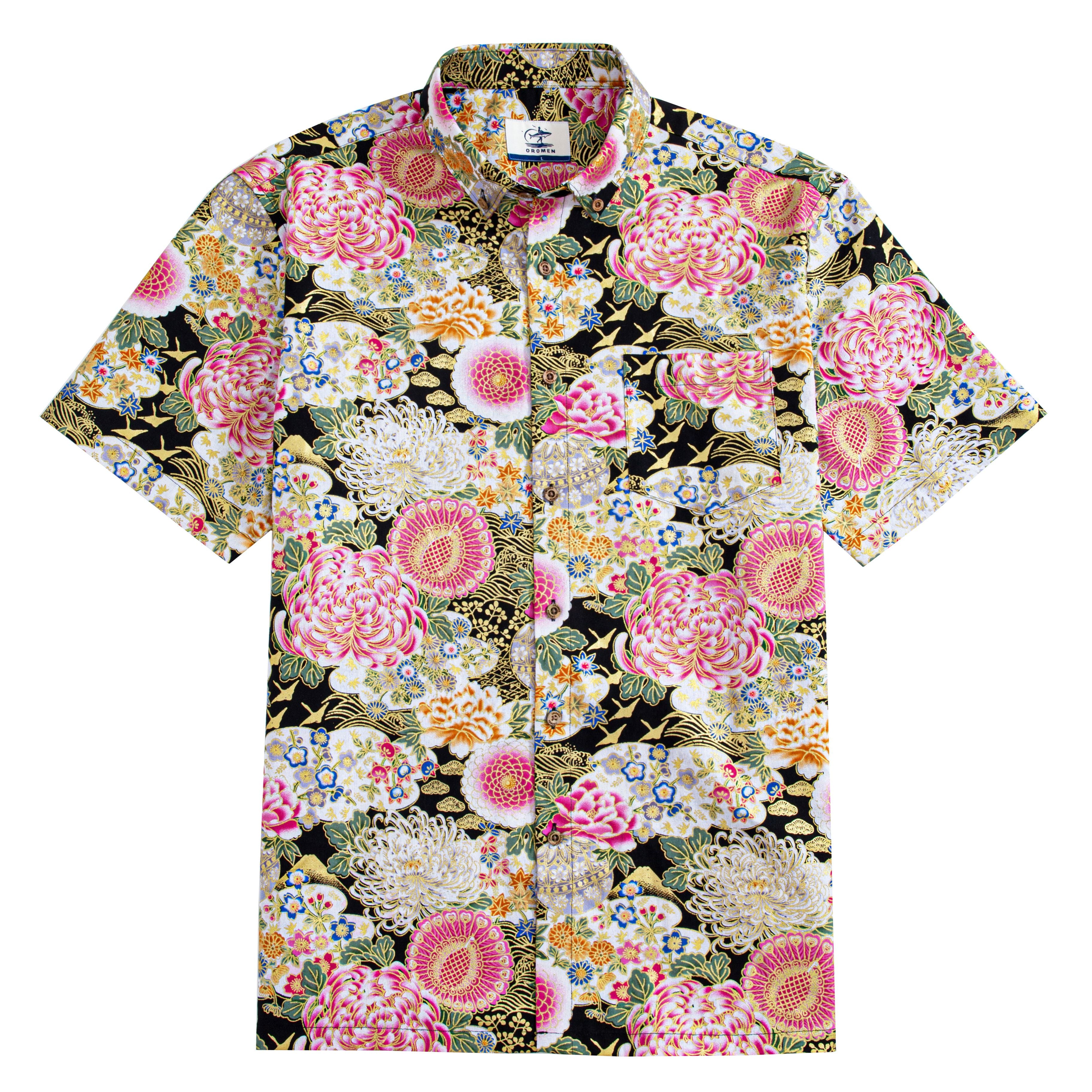 Japanese peony and chrysanthemum ukiyo-e cotton shirt front view