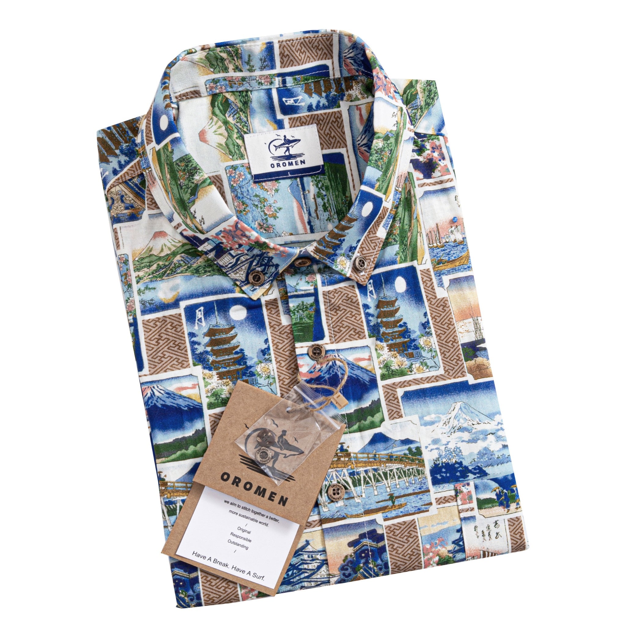 Japanese postcard design with historic castle pagoda and moonlit landscape on cotton fabric