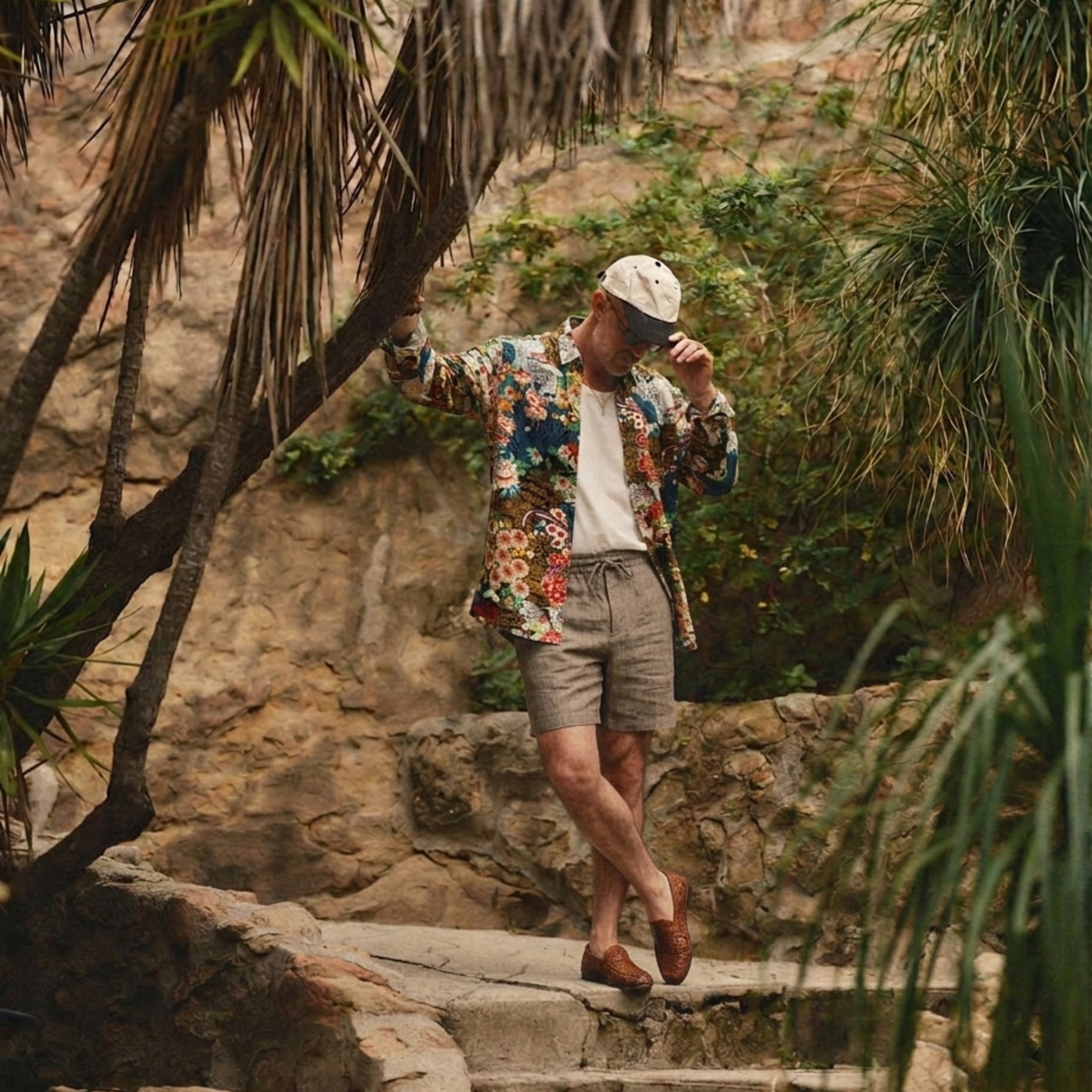 Japanese ukiyoe garden aloha shirt in model brown floral print