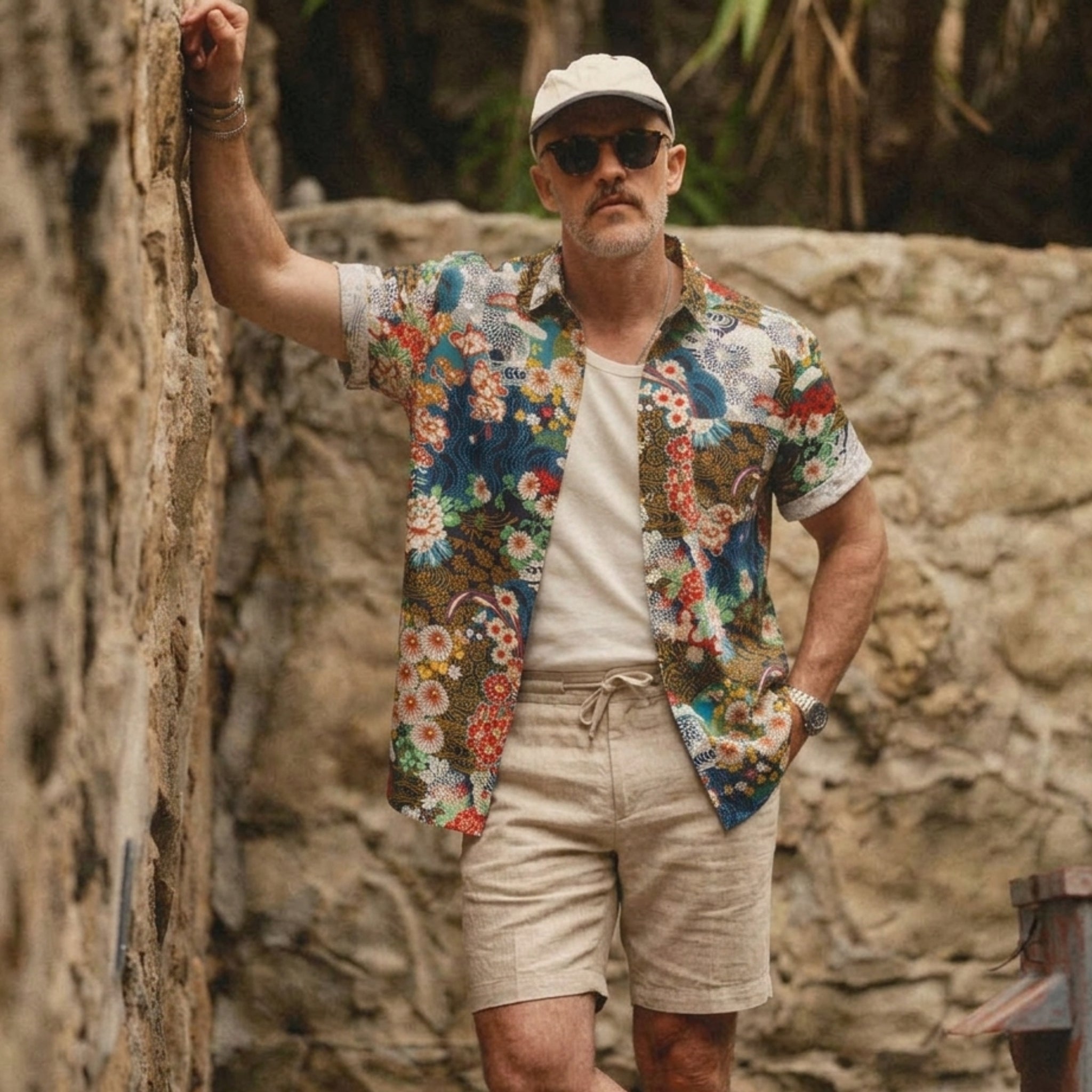 Japanese ukiyoe garden aloha shirt model brown floral print