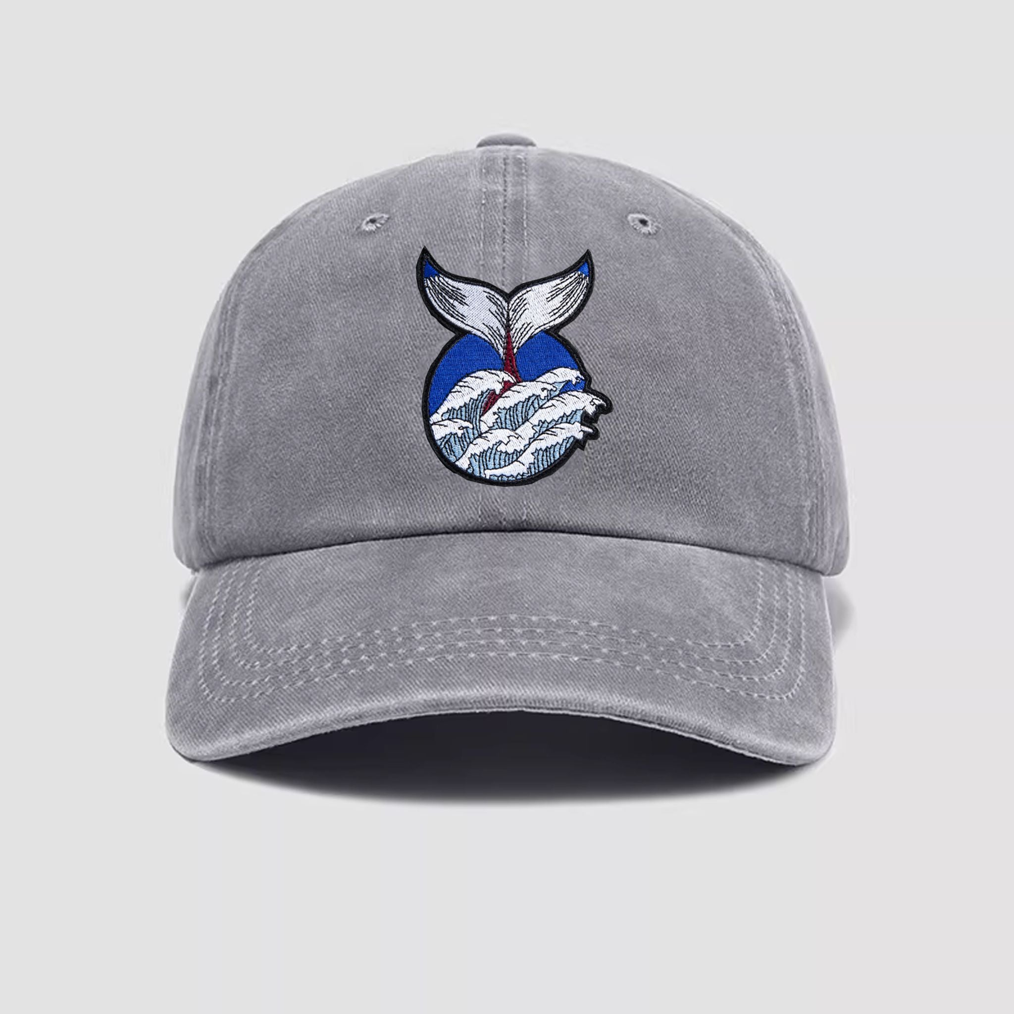 Light grey Ukiyo-e embroidered baseball cap with whale tail design on cotton denim
