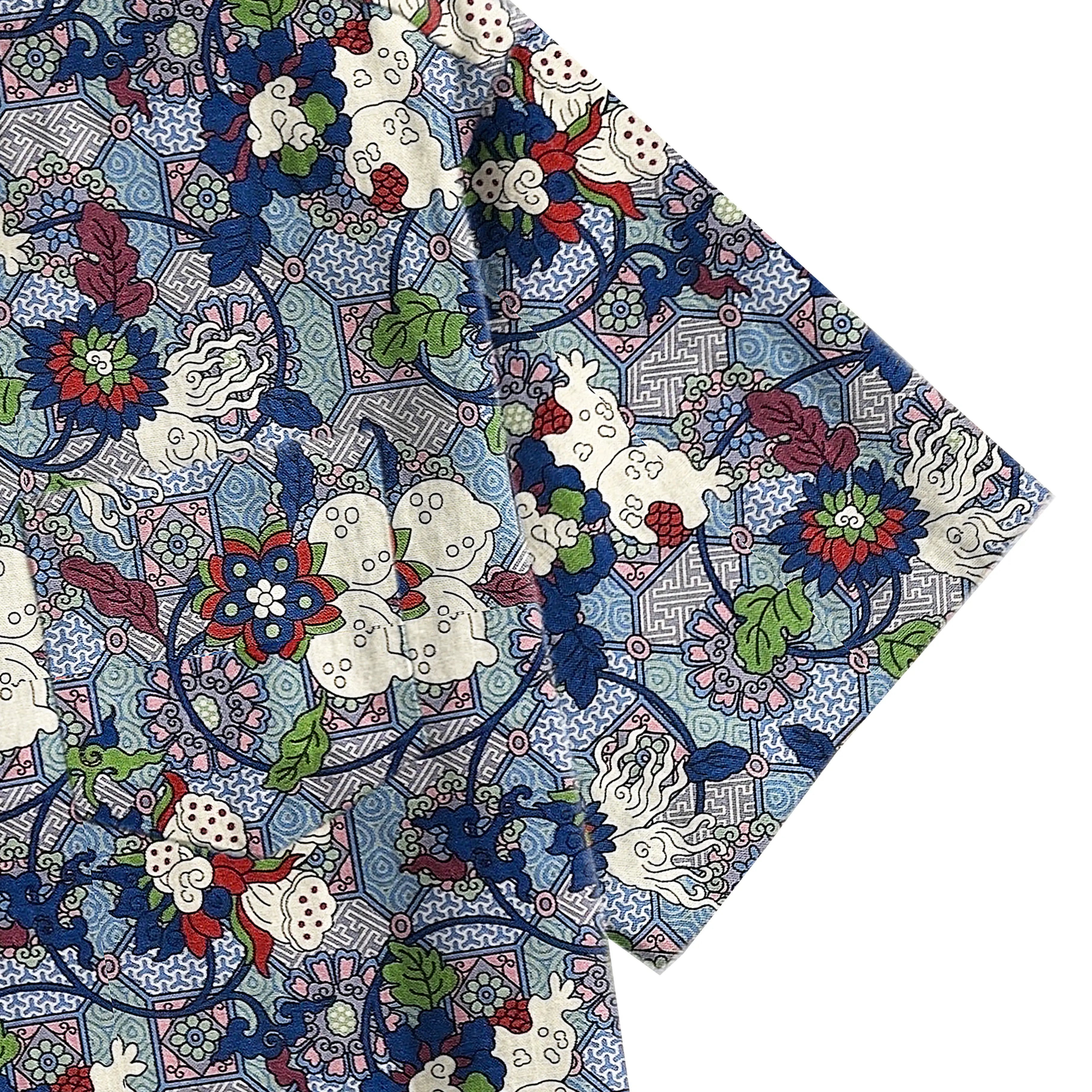 Lotus Flower aloha shirt short sleeve showing Chinese landscape artistry detail