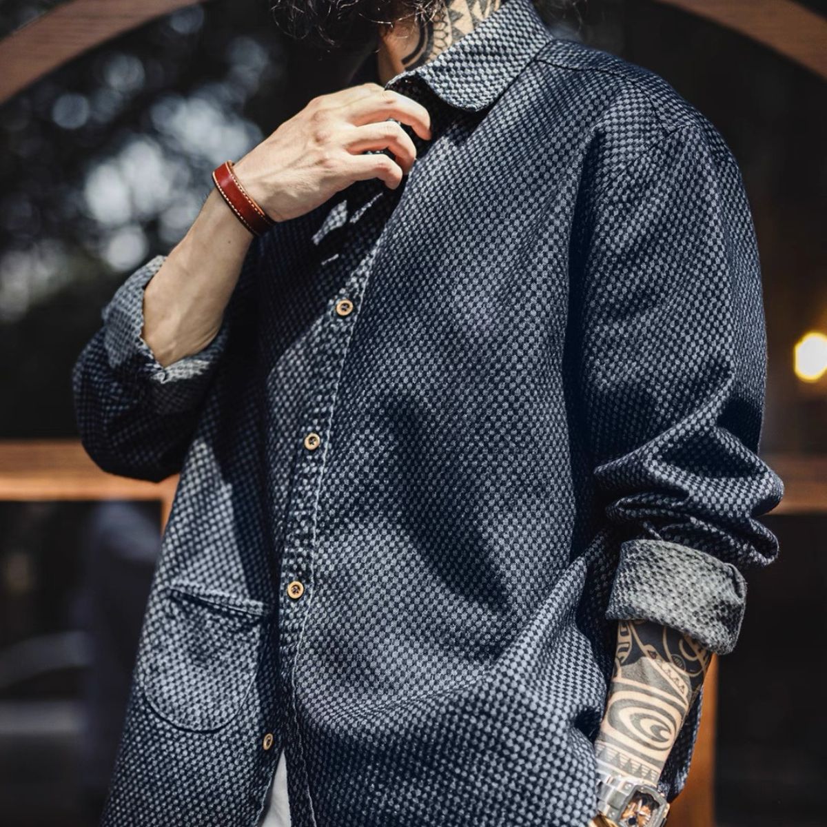 Male model wearing OROMEN OROAW042 Checkered Jacquard Shirt, front view, navy blue check pattern, relaxed open-collar fit, sizes S–2XL