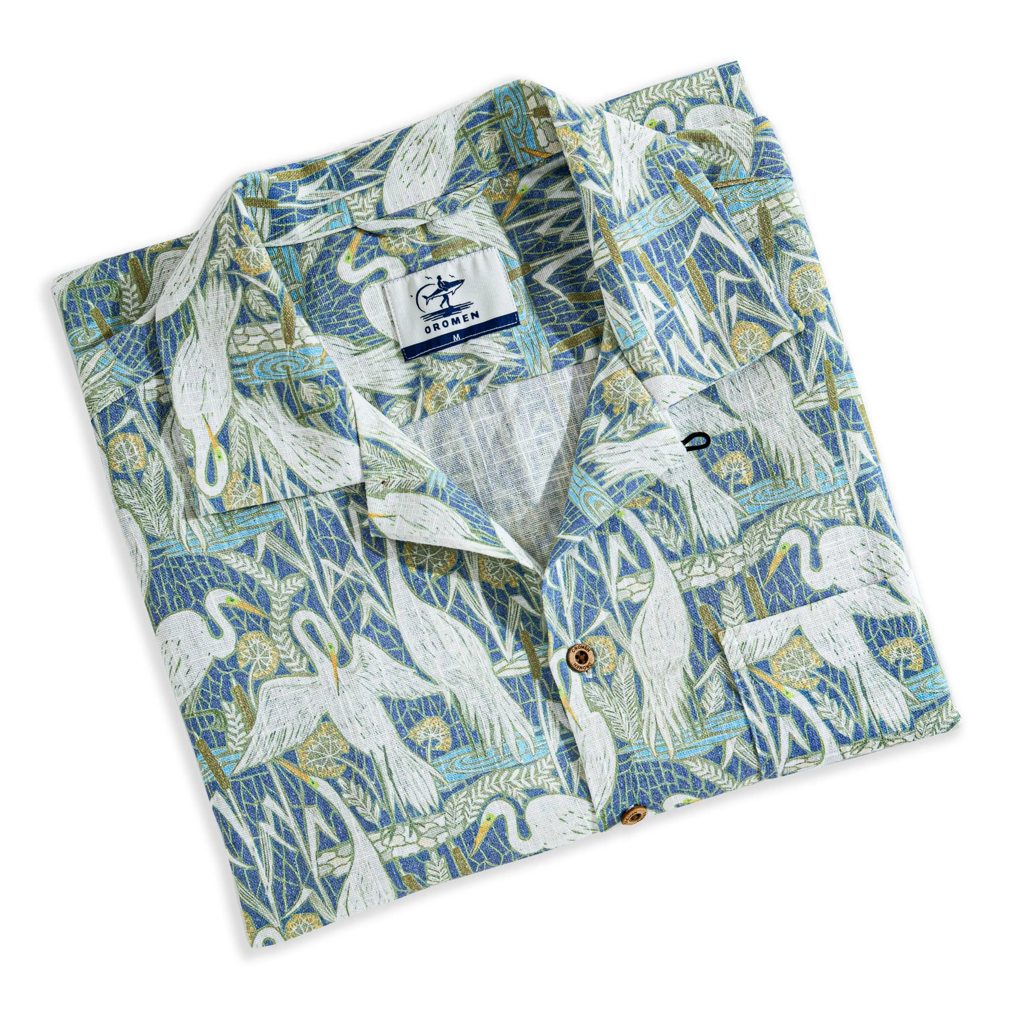 Matsuma Crane shirt camp collar with hand-painted Japanese artistry detail