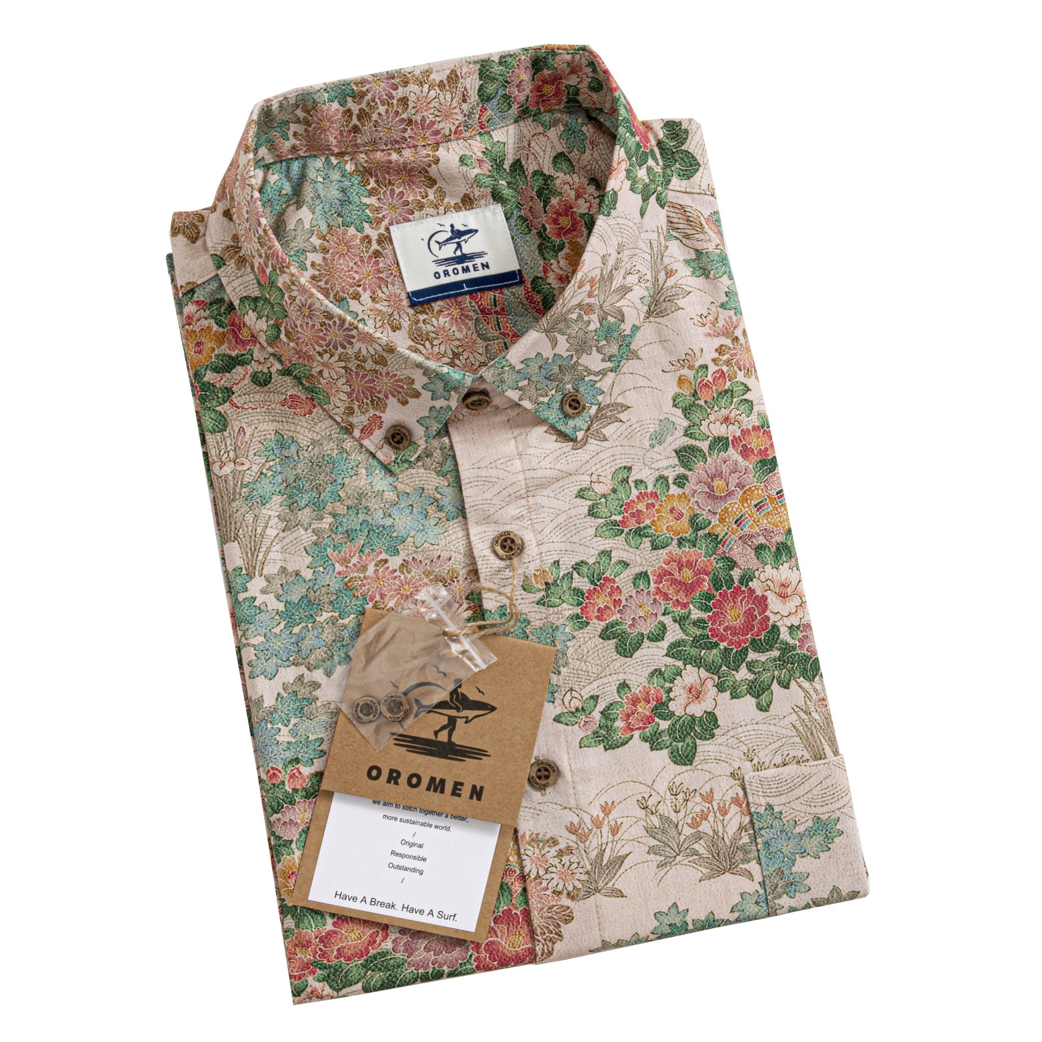 Men's Japanese Ukiyoe spring landscape shirt with button-down collar and coconut buttons