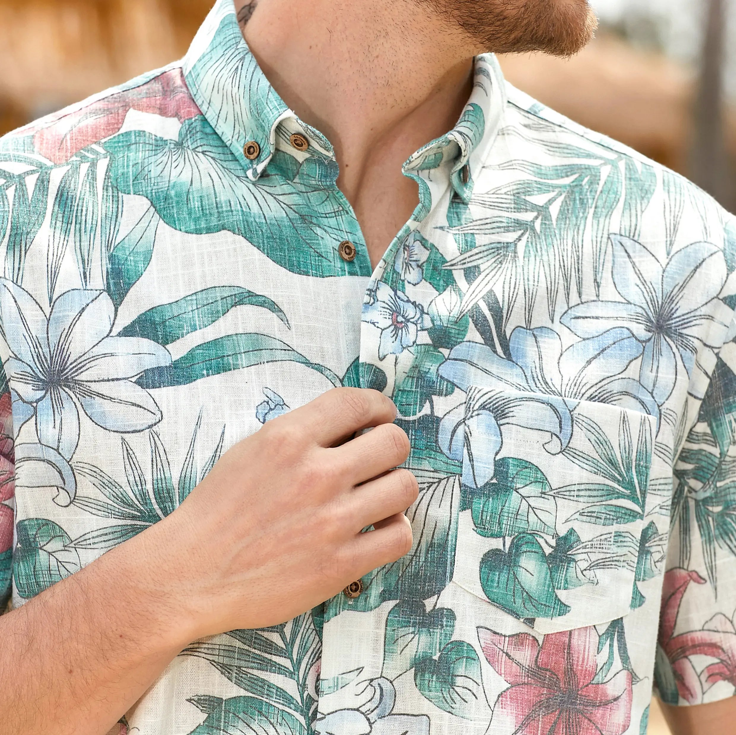 Midsummer aloha shirt casual styling - botanical print detail on model