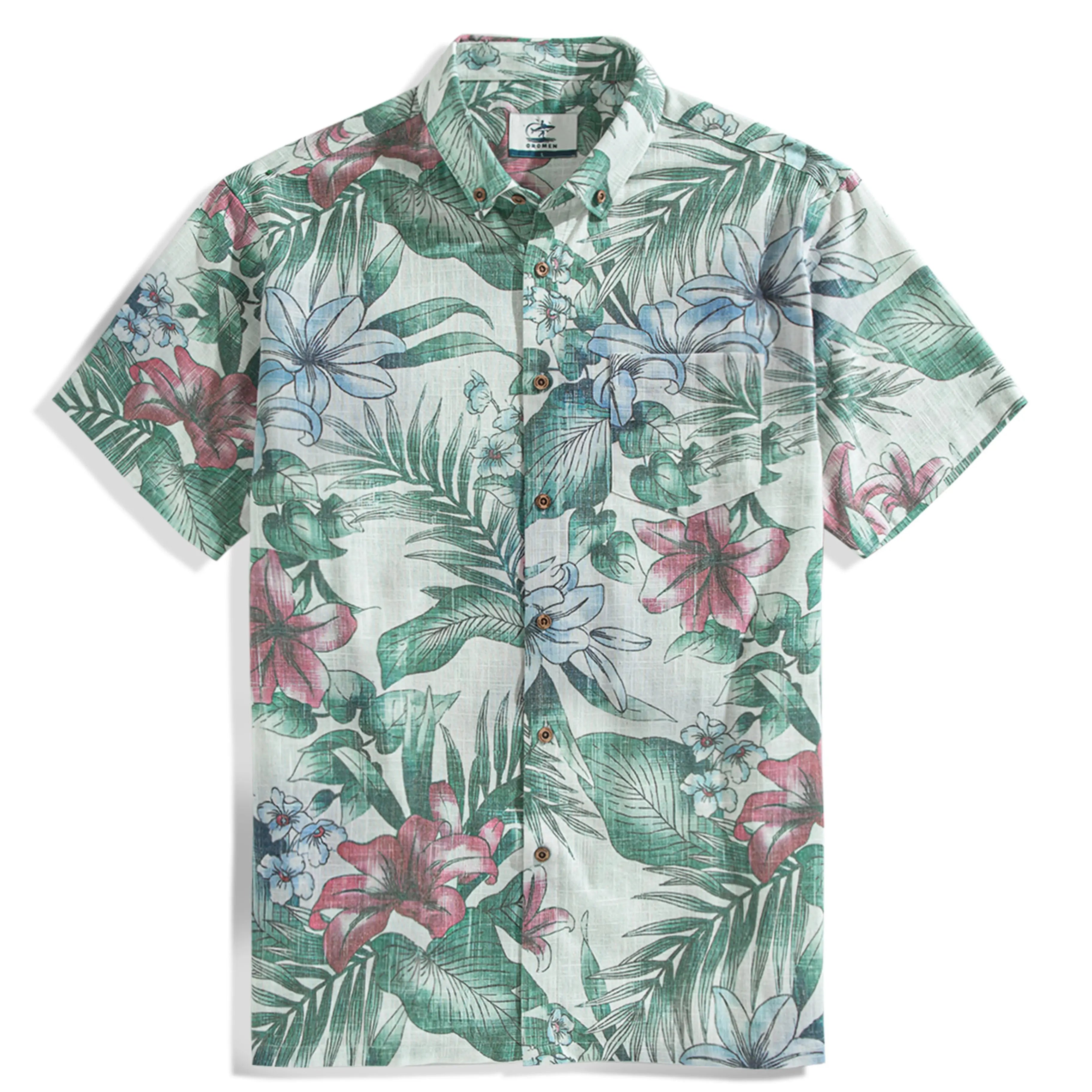 Midsummer green linen aloha shirt with hand-painted botanical floral print
