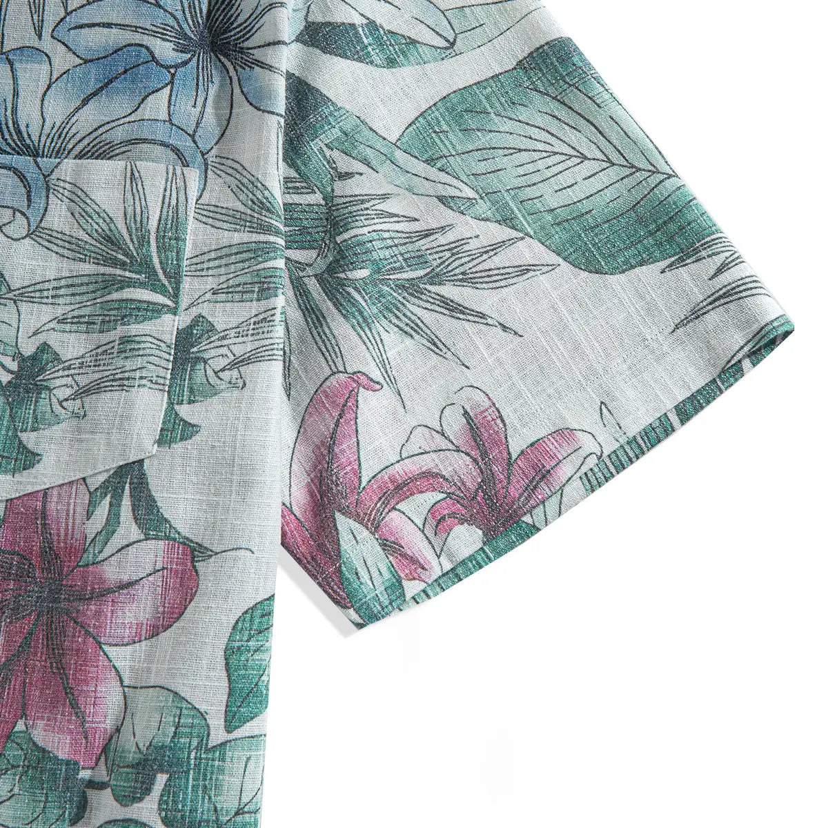 Midsummer green linen shirt flat lay showing full botanical pattern design