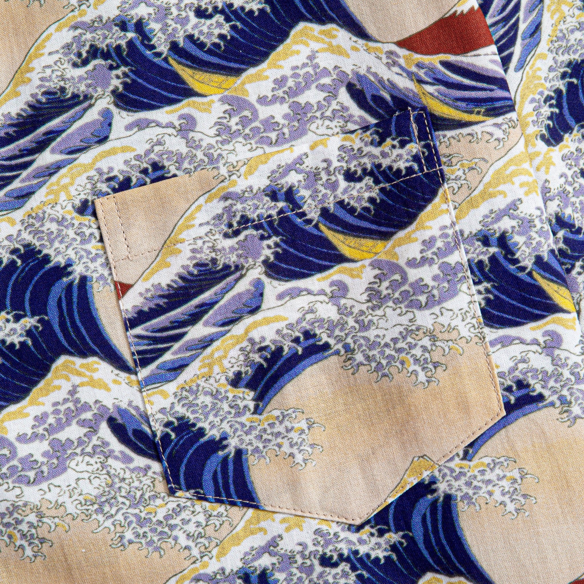 Model wearing Hokusai Great Wave Japanese cotton aloha shirt - vintage ukiyo-e style